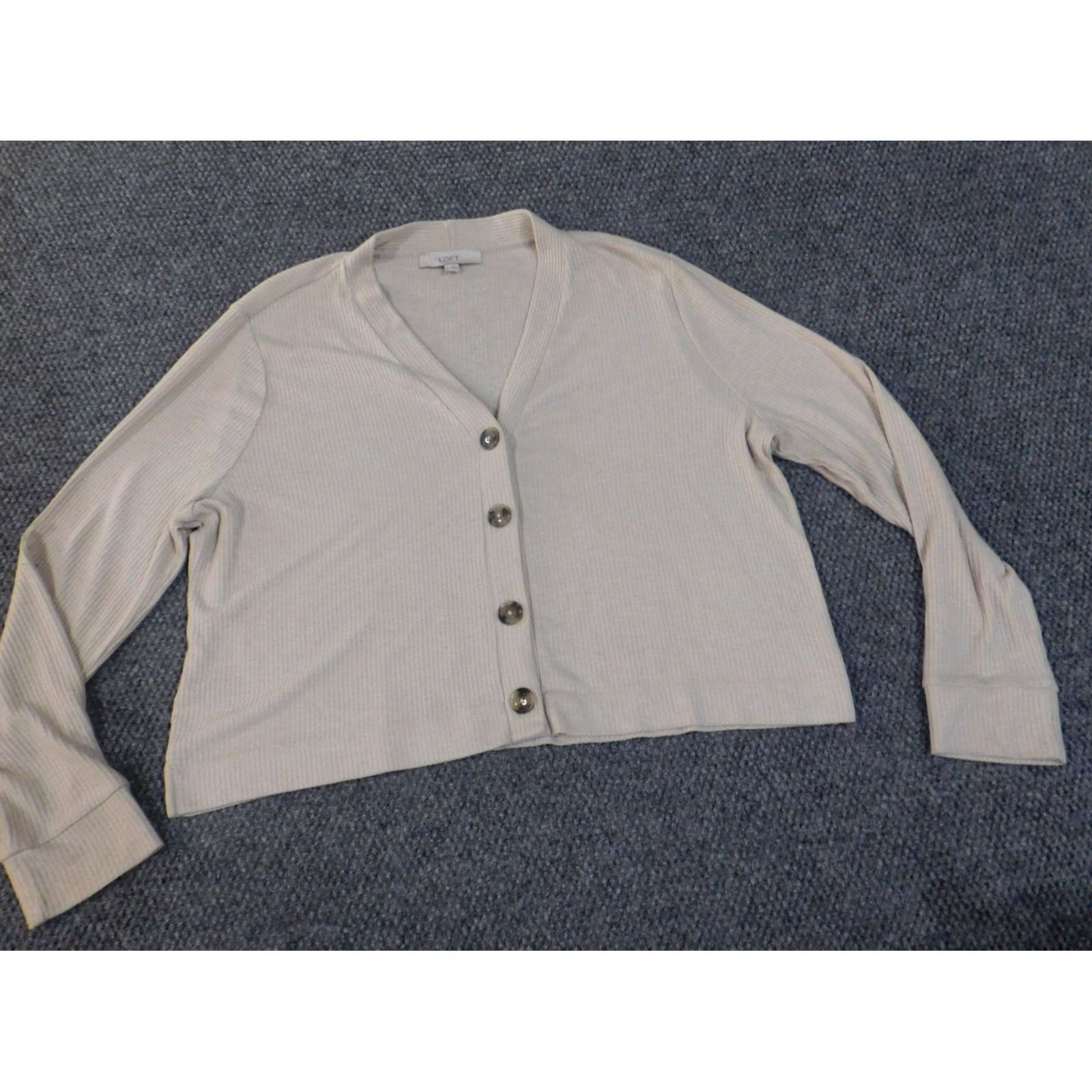 Loft LOFT Cardigan Sweater XL Beige Knit Rib Knit V-Neck Button Womens Stretch Regular Size XL / US 12-14 / IT 48-50 - 2 Thumbnail