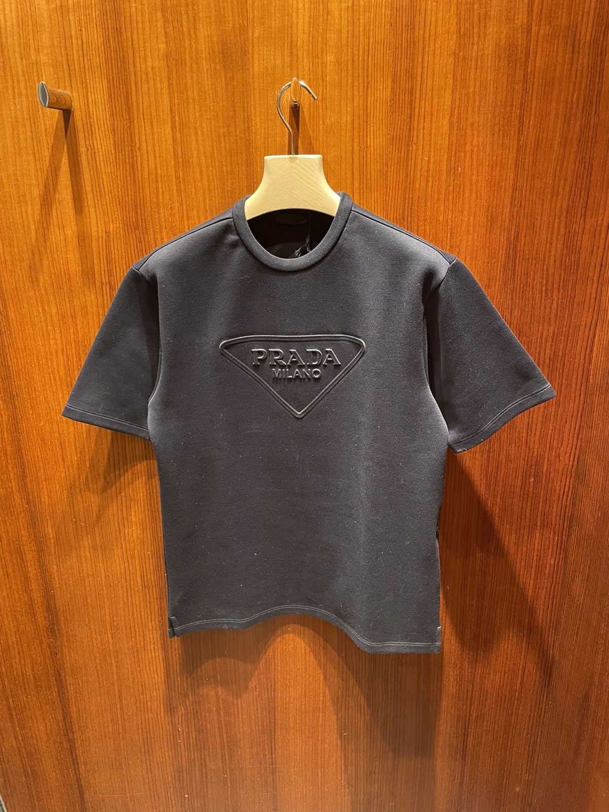 image of Prada Embossed Triangle Logo T-Shirt in Navy Blue, Men's (Size Small)