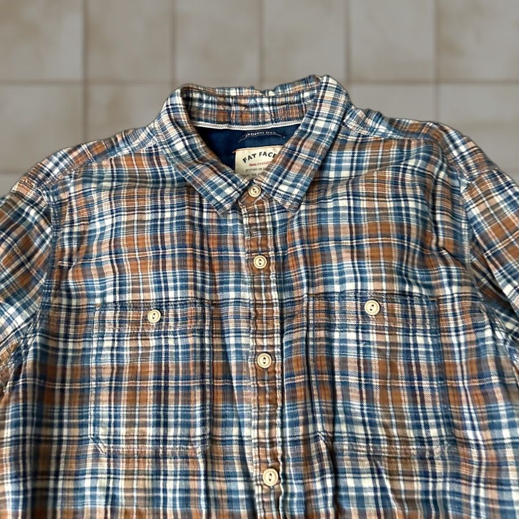 FatFace Fat Face Shirt Adult 2XL Blue Plaid Flannel Cotton Polyester Button-Up with Pockets Mens Casual Workwear 80s 90s Vintage Theme Size US XXL / EU 58 / 5 - 1 Thumbnail