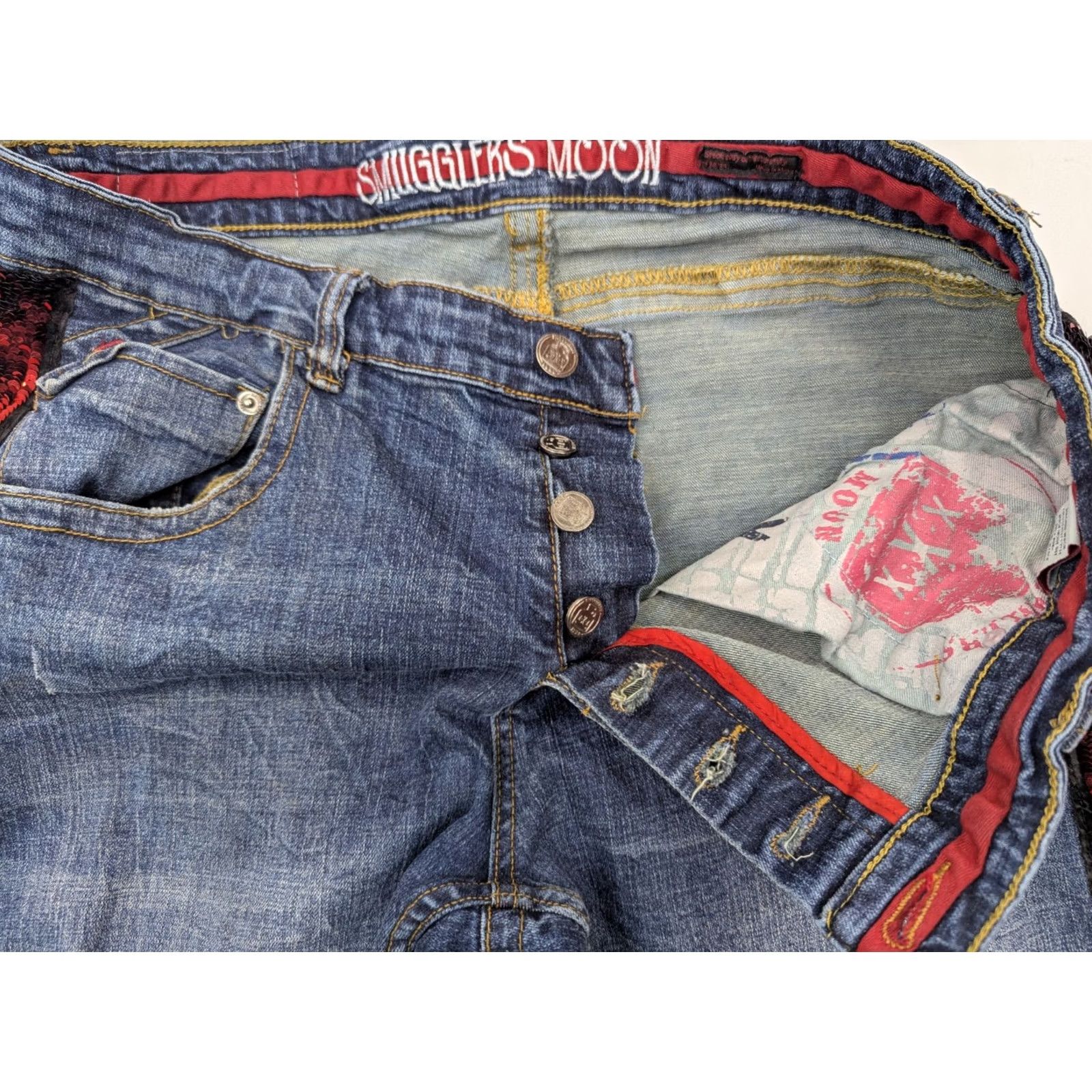 Vintage Smugglers Moon Jeans Distressed Skull Sequin 36x33 5-Pocket Denim Blue Men's Regular Hip Hop Rock Skull Size US 36 / EU 52 - 7 Thumbnail