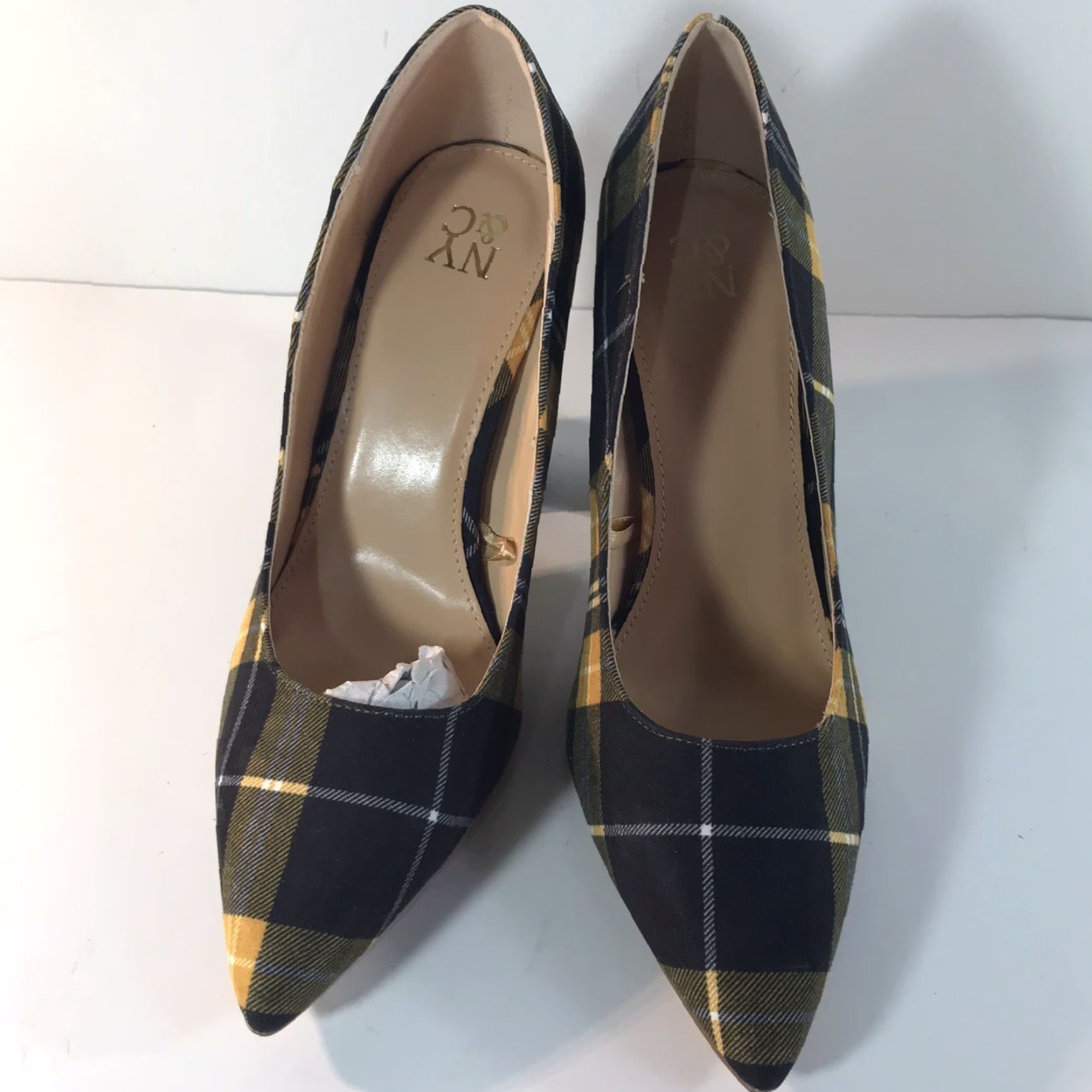 Vintage NY&Co Blk/Yel/Wht Plaid 4in Pointed Toe Block Heels Womens Size 8 New Size US 8 / IT 38 - 2 Thumbnail