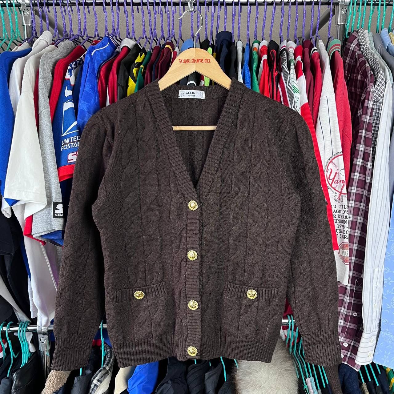 Celine 80s Celine Paris Pure Wool Brown Cable Knit Cardigan Size XS / US 0-2 / IT 36-38 - 2 Thumbnail