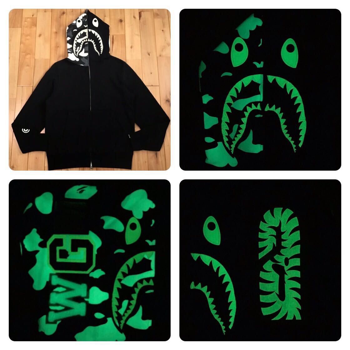 image of Glow In The Dark Bape City Camo Shark Full Zip Hoodie Ape in Black, Men's (Size Medium)