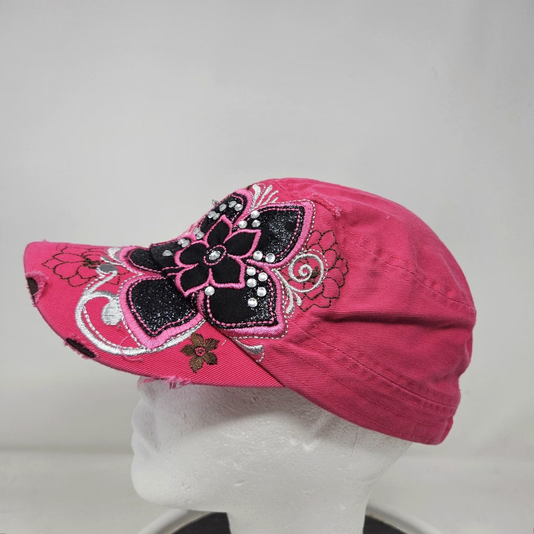 Pinko Leader Hat Cap Adjustable Womens Pink Floral Rhinestone Army Cadet Cap Size ONE SIZE - 5 Thumbnail