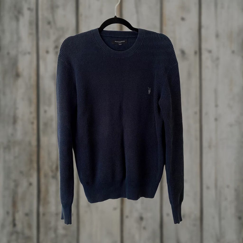 Allsaints AllSaints Men Navy Blue Waffle Knit Pullover Sweater Ramskull Logo Small XS? Size US S / EU 44-46 / 1 - 1 Thumbnail