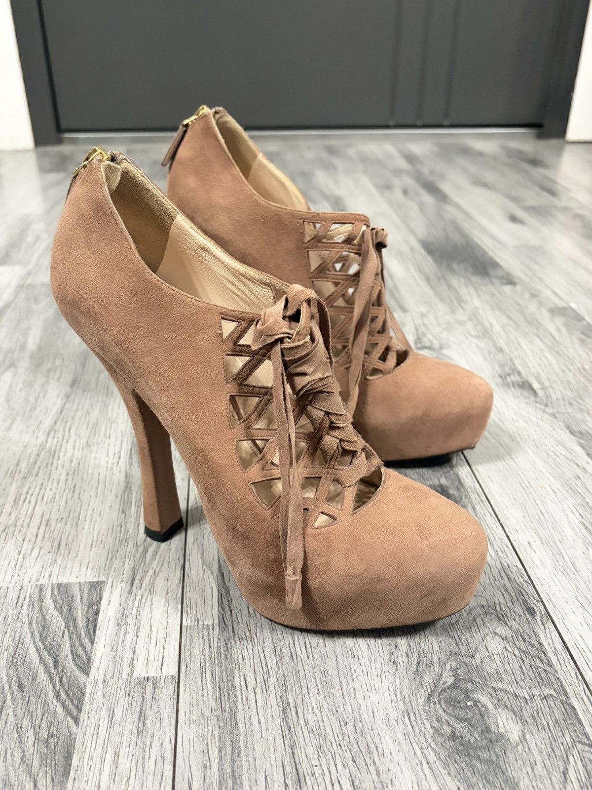 Prada Prada Tan Suede Lace-Up High Heel Booties Size US 7 / IT 37 - 12 Thumbnail
