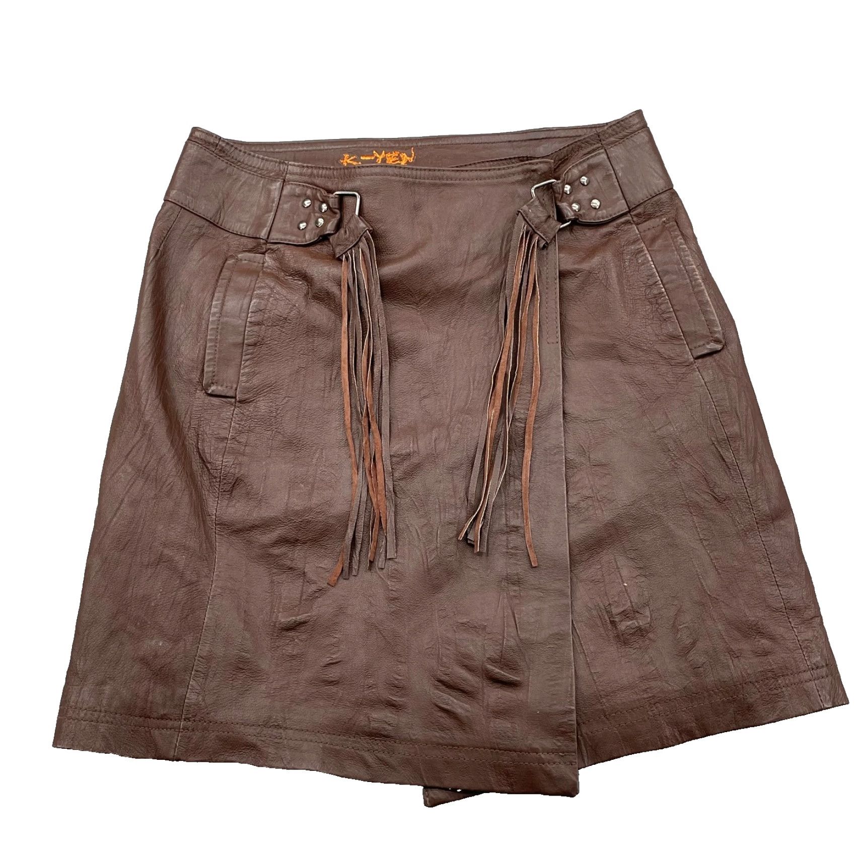 Vintage K-Yen Western Leather Skirt Women's Medium Cognac Brown Boho Chic Rodeo Cowgirl Leather Skirt Size 32" / US 10 / IT 46 - 2 Thumbnail