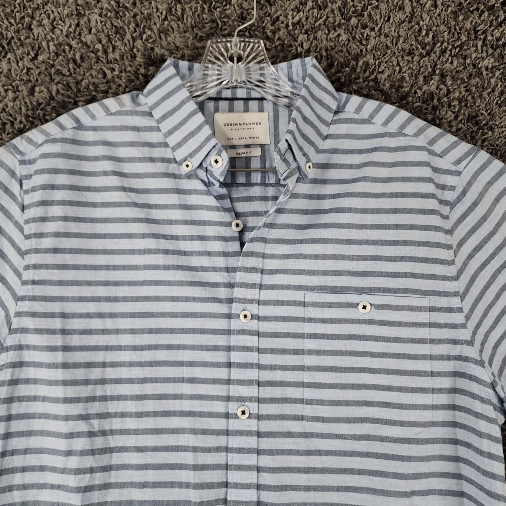 Denime DENIM & FLOWER Shirt Men Blue Striped Short Sleeve Button-Up Size L Regular Floral Theme Size US 33 - 4 Thumbnail