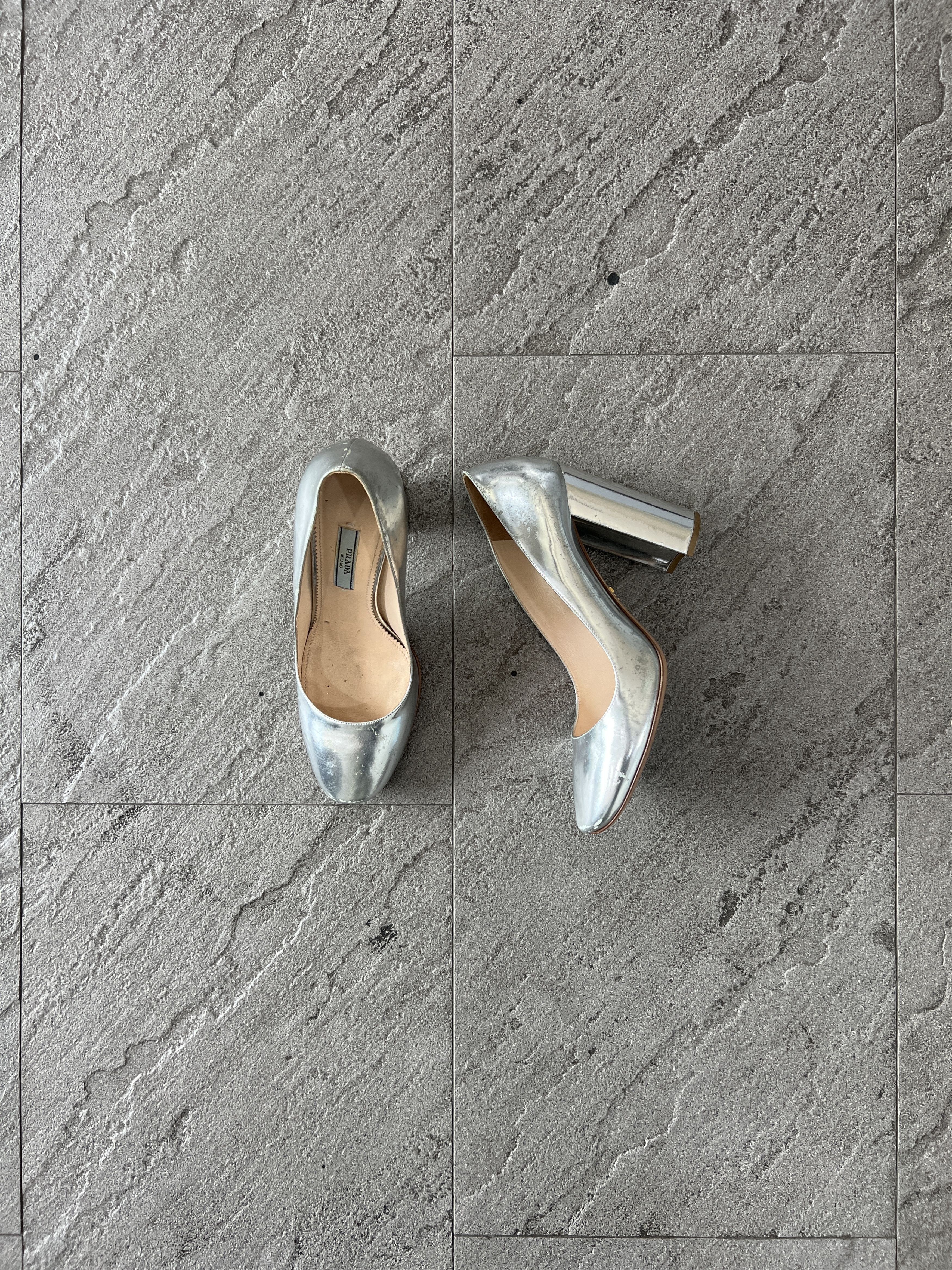 Prada Prada Silver Metallic Block Heel Pumps EU38 Size US 8 / IT 38 - 1 Thumbnail
