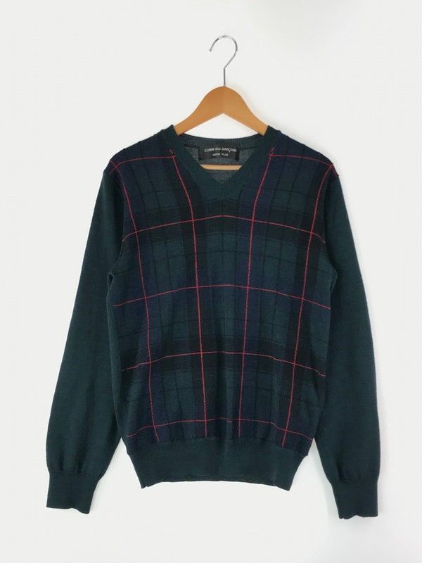 Comme des Garcons Homme Sweater V Neck Check Switch Wool Green Size US M / EU 48-50 / 2 - 1 Thumbnail