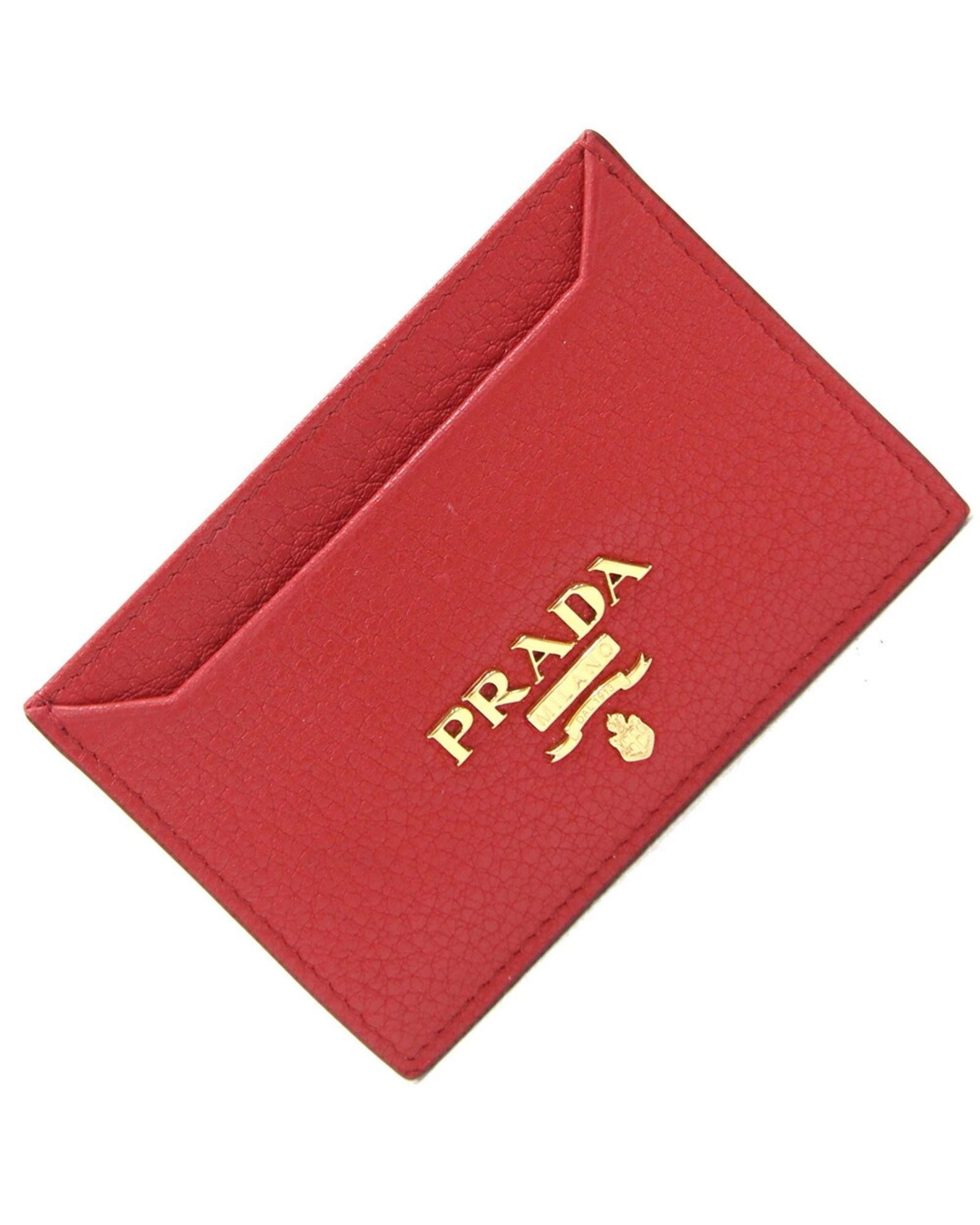 image of Prada Red Leather Card Case With Multiple Compartments, Women's
