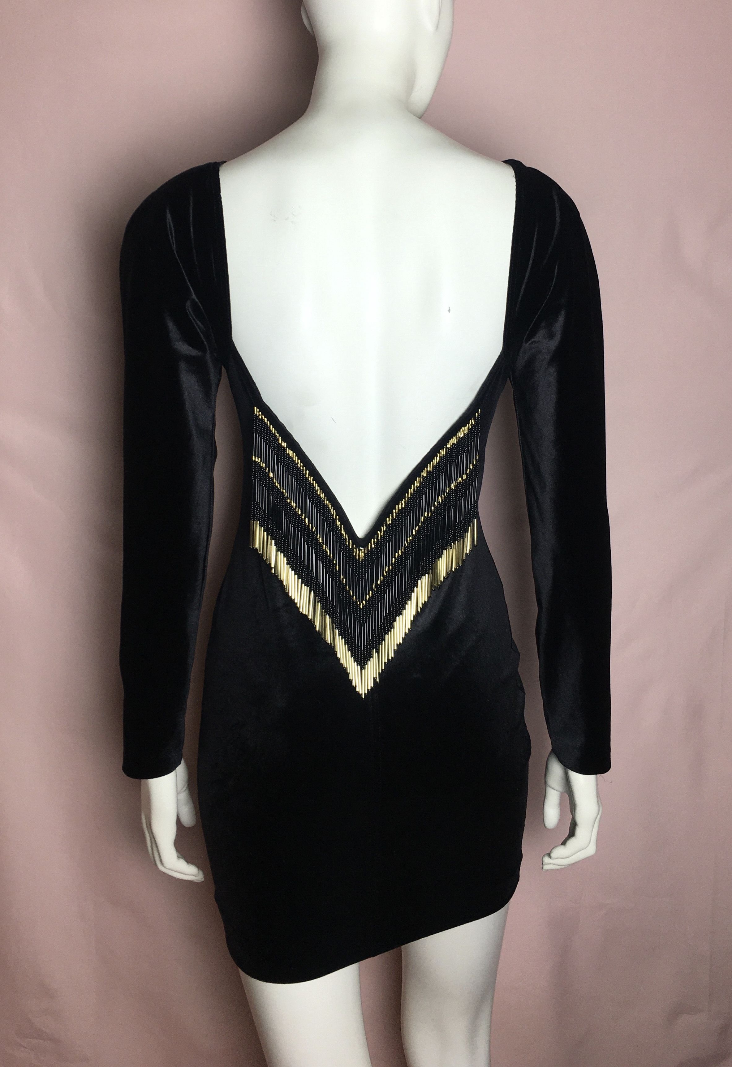 Vintage Vintage Ritmo di Perla Black Velvet Dress V-Back Gold Fringe Size L / US 10 / IT 46 - 1 Thumbnail