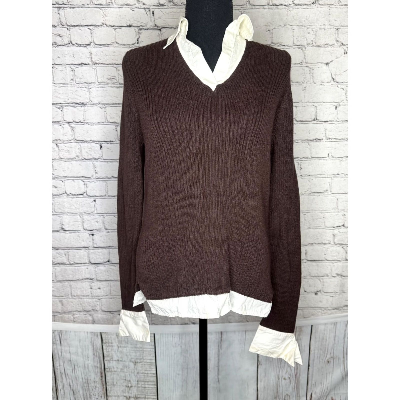 Vintage VINTAGE Fiorellini International Women's Knit Top Shirt Detail Brown, S, Long Sleeve, Pullover, 100% Cotton, Collared, Solid, Regina Style, Women Size S / US 4 / IT 40 - 5 Thumbnail