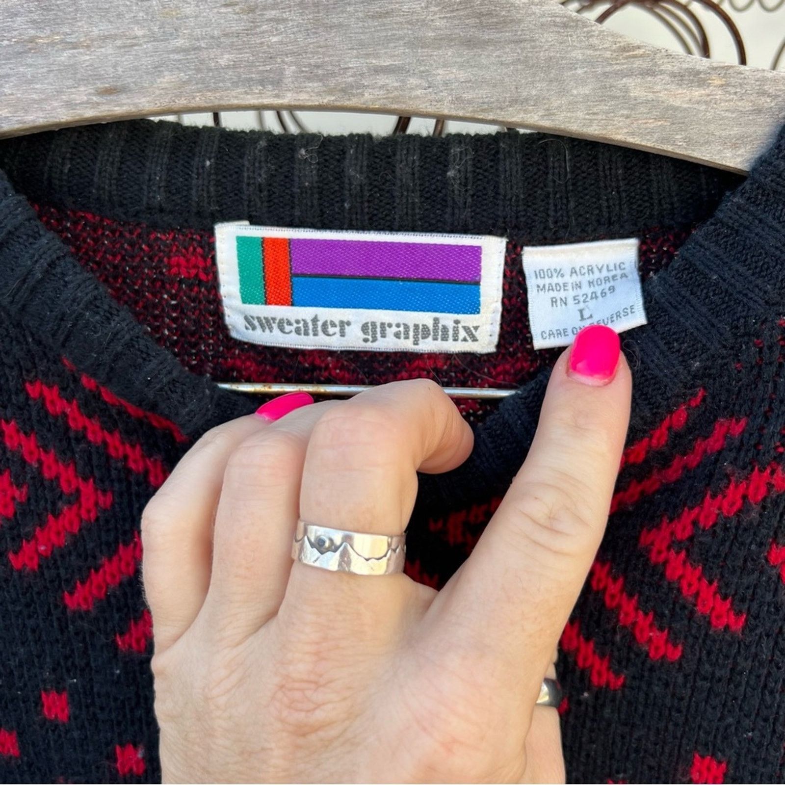 Vintage MATCHING PAIR 80s Sweater Graphix Red Black Geometric LARGE Size US L / EU 52-54 / 3 - 5 Thumbnail