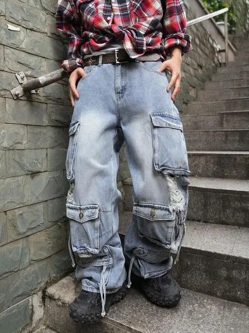 Jean Washed 90s Cargo Ripped Distressed Jeans Size US 36 / EU 52 - 2 Thumbnail