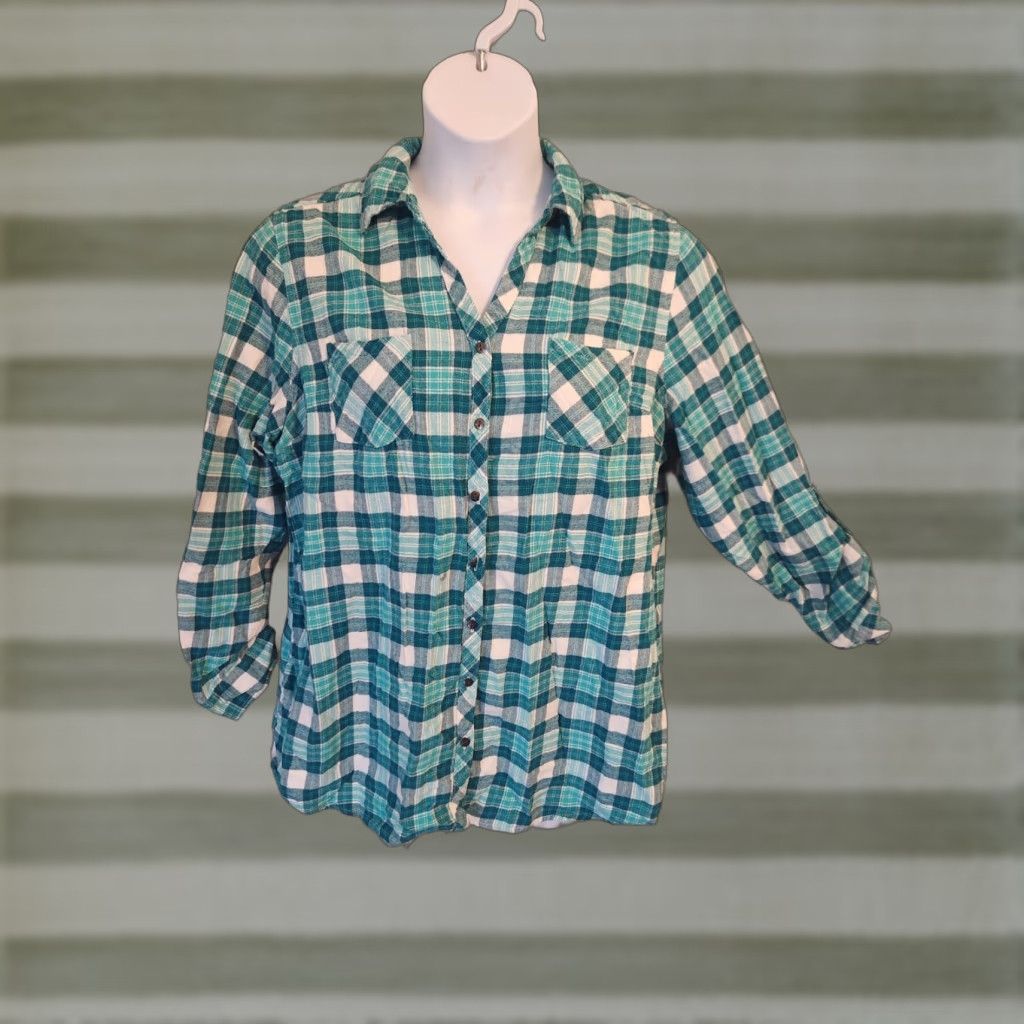 Altea Falls Creek 2X Plus Teal White Plaid Button Up Flannel Shirt Top Size XXL / US 16-18 / IT 52-54 - 1 Thumbnail