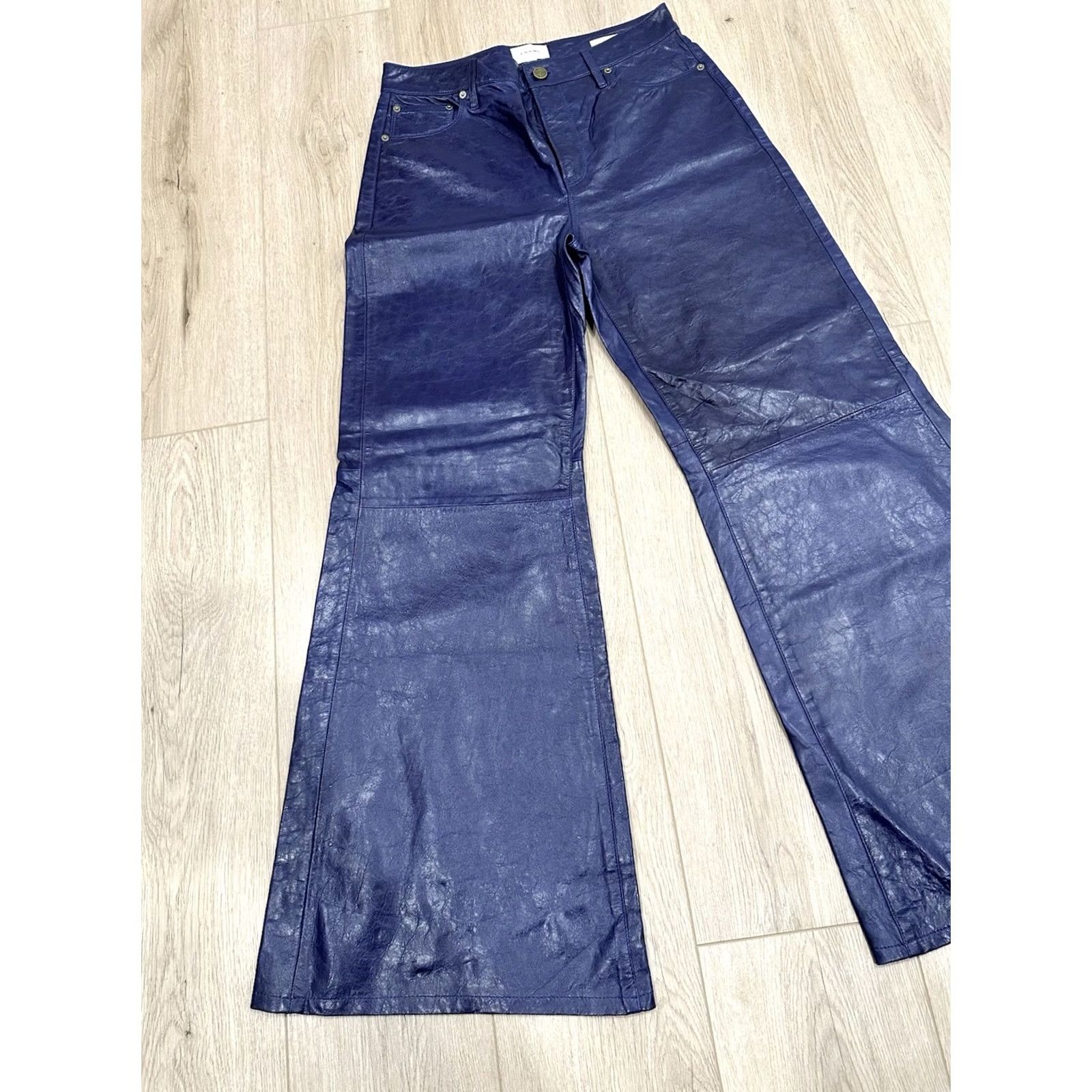Frame VINTAGE NWT Frame Women's Blue Le Palazzo High-Rise Crinkle Leather Wide-Leg Pants 30 Size 30" / US 8 / IT 44 - 3 Thumbnail