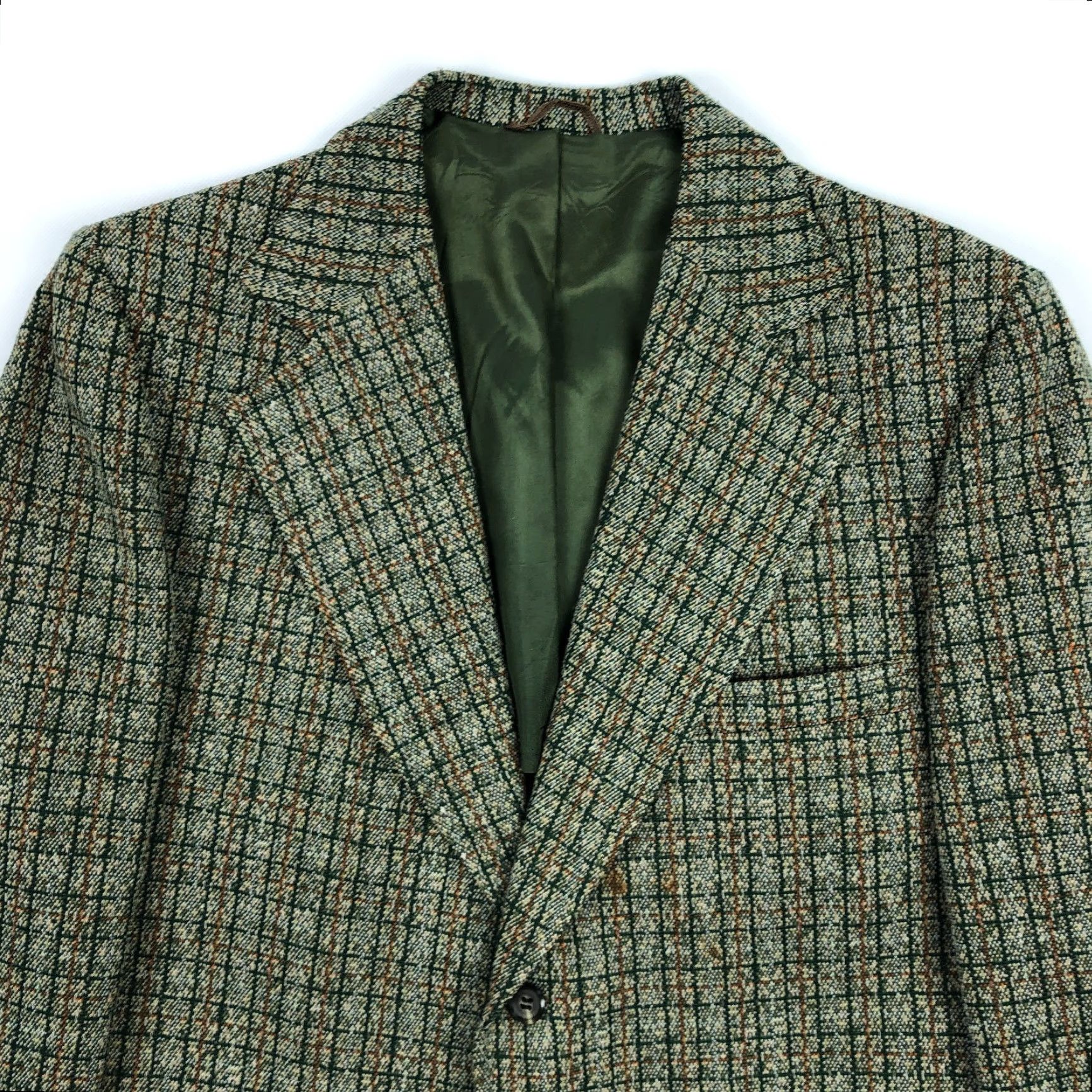 JCPenney JC Penney 42R Green Plaid Tweed Mens Blazer Sport Coat Jacket 70s Size 42R - 3 Thumbnail
