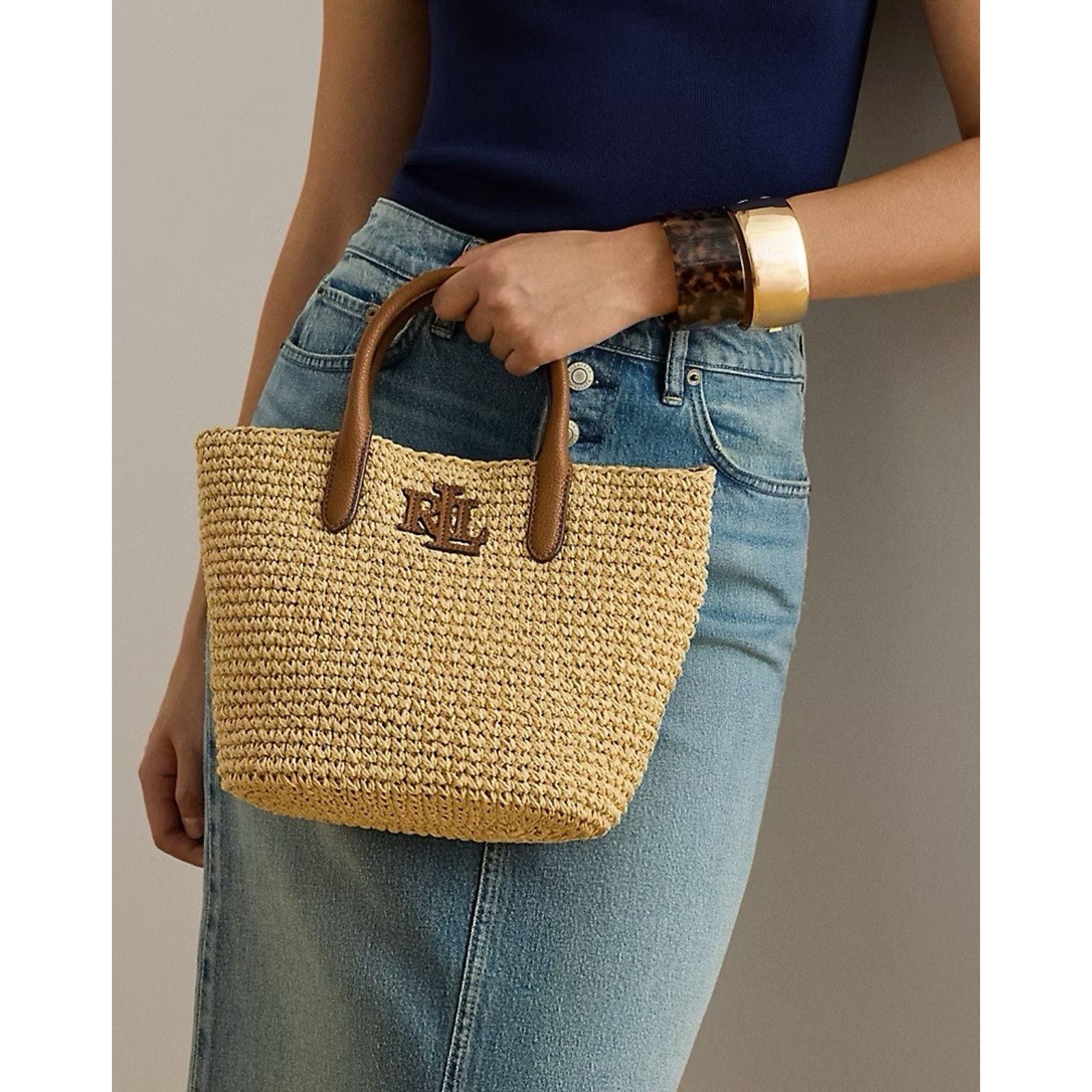 Lauren Ralph Lauren NWT Lauren RALPH LAUREN Small Woven Straw Tote Bag Tan Size ONE SIZE - 6 Thumbnail