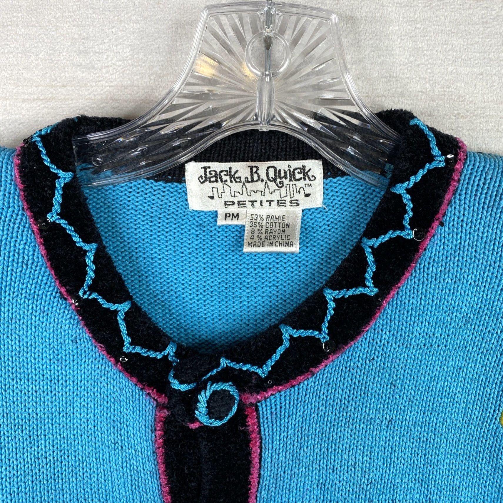 Vintage VINTAGE 90s Jack B Quick Cardigan Sweater Womens Petite PM Turquoise Sequins Knit Blue Size M / US 6-8 / IT 42-44 - 4 Thumbnail