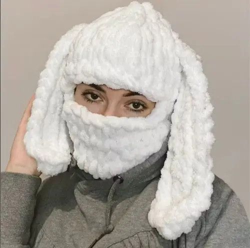 image of Vintage Hand Knitted Bunny Ears White Balaclava, Women's