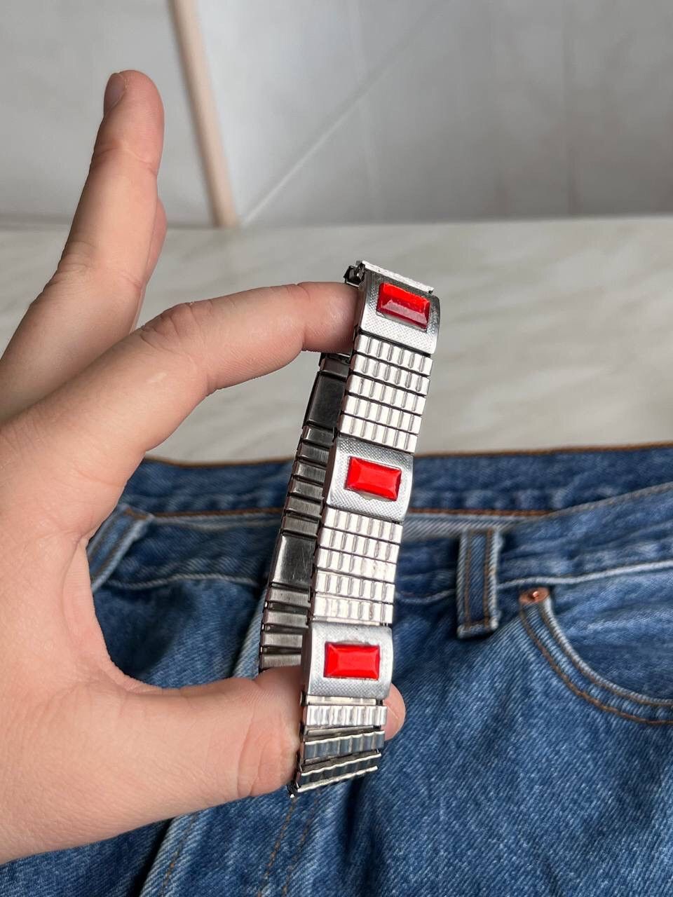 Jewelry Bracelet Silver Chrome Red Stone Crystal Y2K 90s Jewelry Size ONE SIZE - 3 Thumbnail