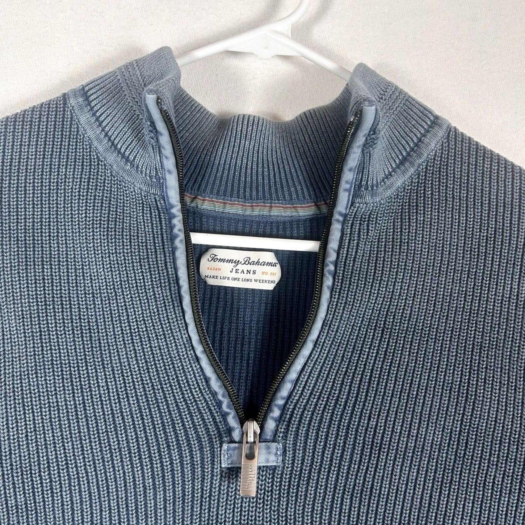 Tommy Bahama Tommy Bahama 1/4 Zip Pullover Knit Sweater Mens L 100% Cotton Casual L/S Blue Size US L / EU 52-54 / 3 - 2 Thumbnail