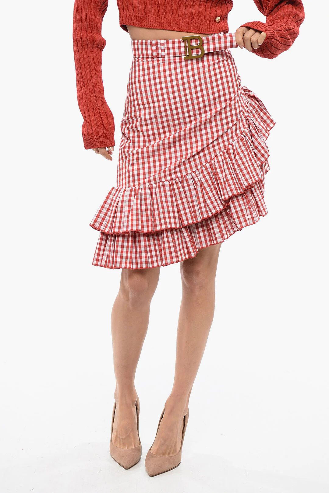Balmain og1mm0326 Checked Skirt in Red Size 38" / US 16 / IT 52 - 1 Thumbnail