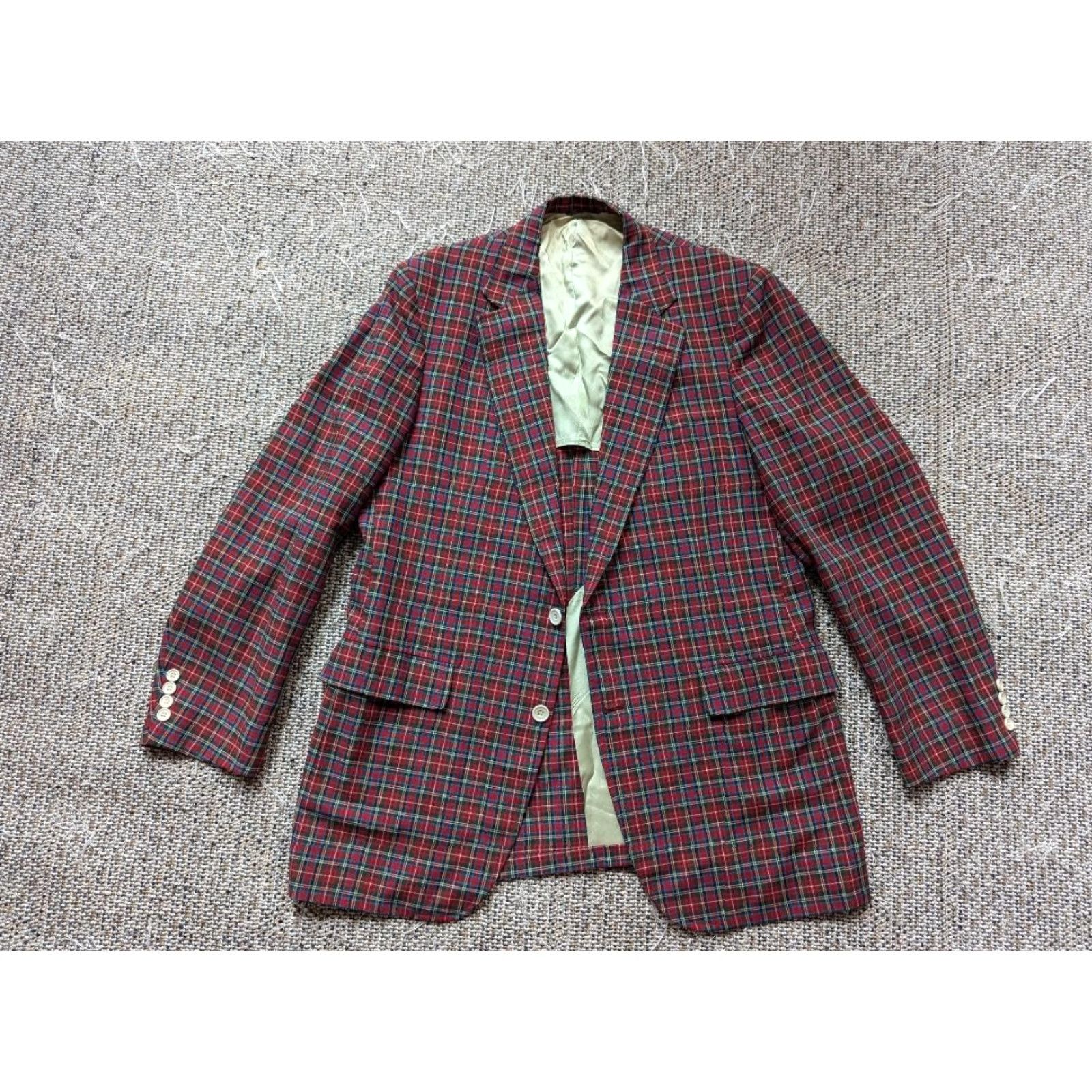 VINTAGE Corbin Blazer Plaid Wool 42R Red Mens USA Made Tweed Notch Lapel 2-Button Single-Breasted