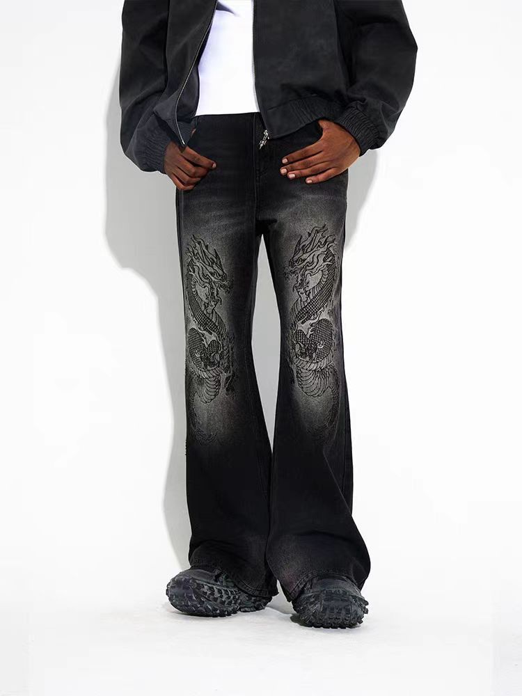 image of Black Loose Fit Dragon Totem Embroidered Jeans, Men's (Size 32)