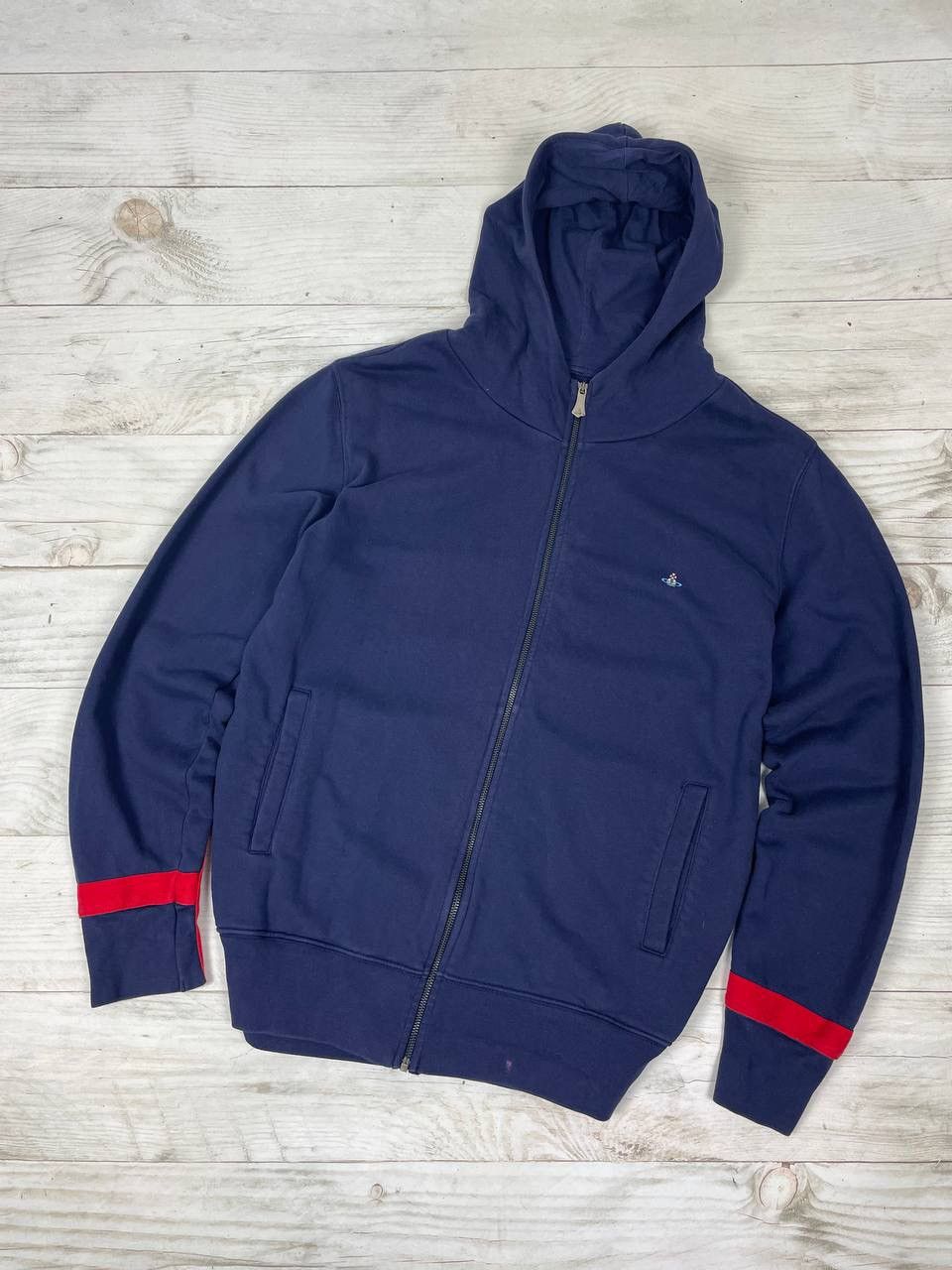 image of Vintage Vivienne Westwood Blue Hoodie Mini Logo Full Zip, Men's (Size XL)