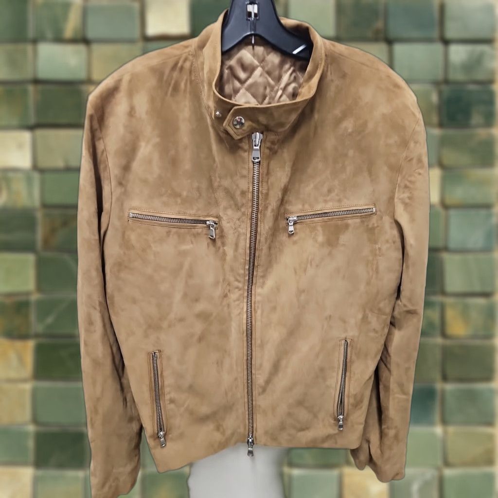 Camel CIFONELLI Coat Men 5XL Suede Leather Camel Brown Buttery Soft Vintage Pea Coat Single-Breasted Lined Pockets Collar Spread 3/8ss Size US XXL / EU 58 / 5 - 1 Thumbnail