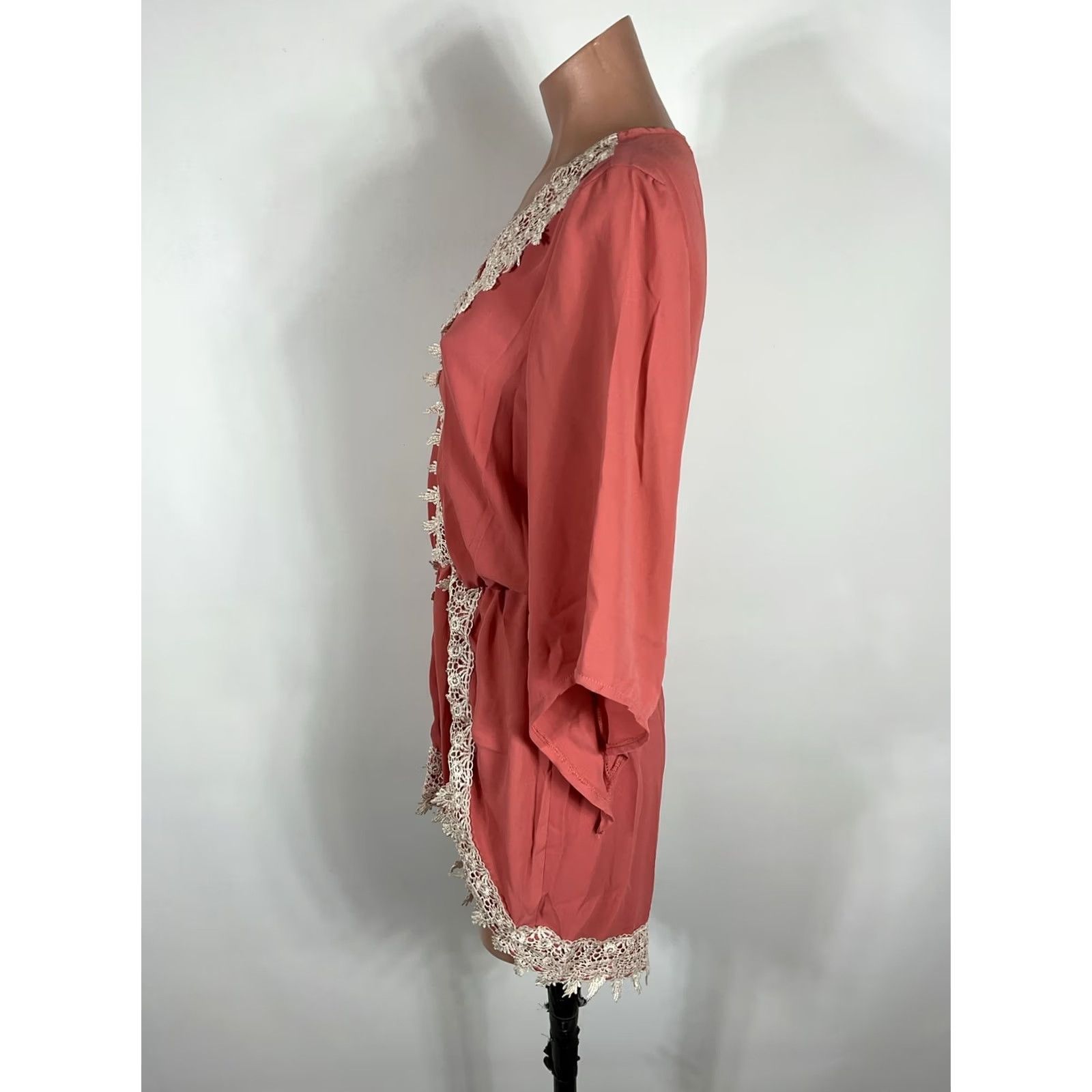 Vintage Poetry Coral Pink boho romper Jumpsuit Deep V lace detail Women's S Festival Size 28" / US 6 / IT 42 - 7 Thumbnail