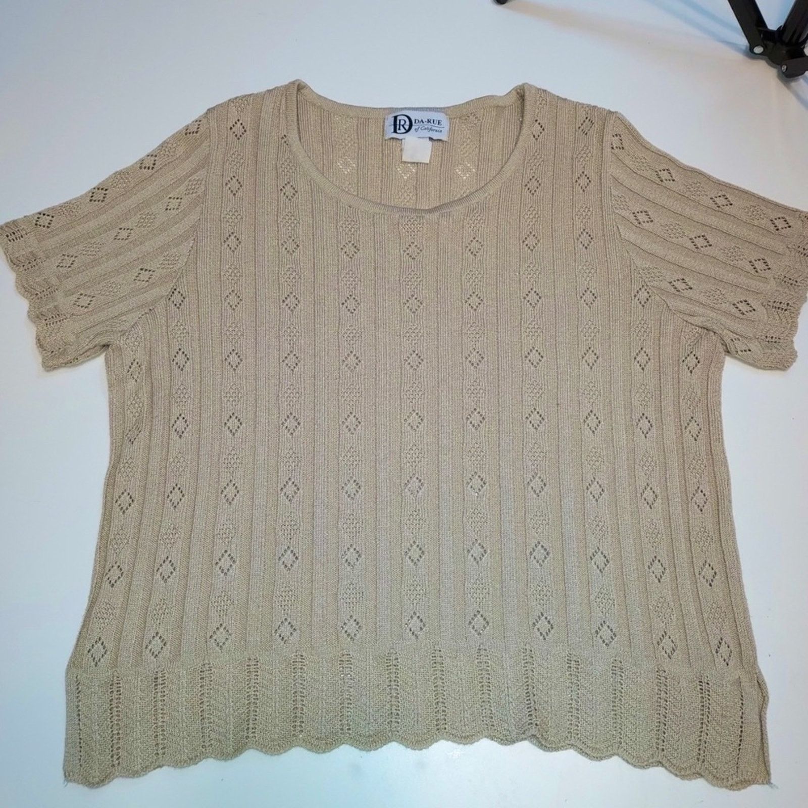 Other Da-Rue of California Tan Knit Scalloped Edge Blouse Tee Top Size L / US 10 / IT 46 - 6 Thumbnail