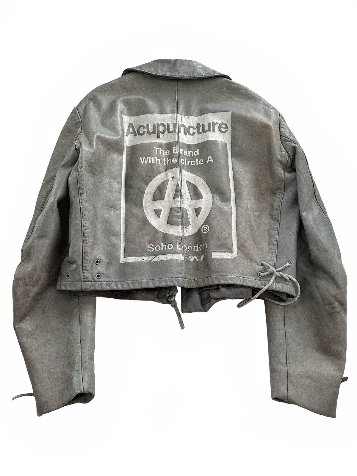 image of 1980’S Acupuncture Punk Distressed Leather Cropped Jacket in Grey, Men's (Size Small)