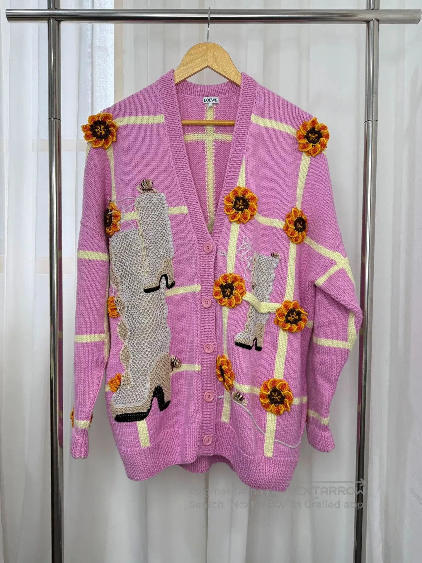 LOEWE Pink Floral Cardigan Sweater.
