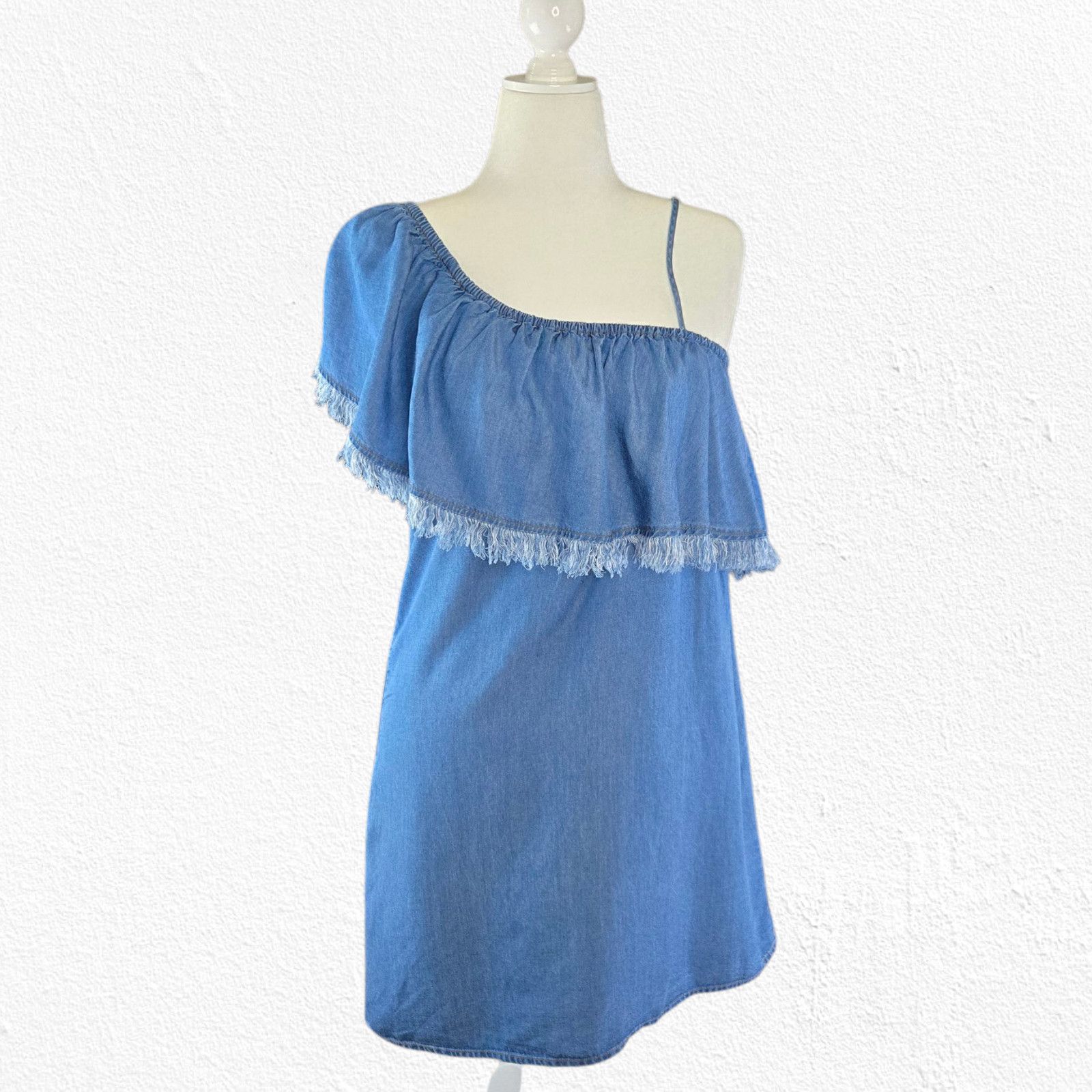 Splendid Splendid One Shoulder Ruffle Fringe Chambray Dress Size L Size L / US 10 / IT 46 - 2 Thumbnail