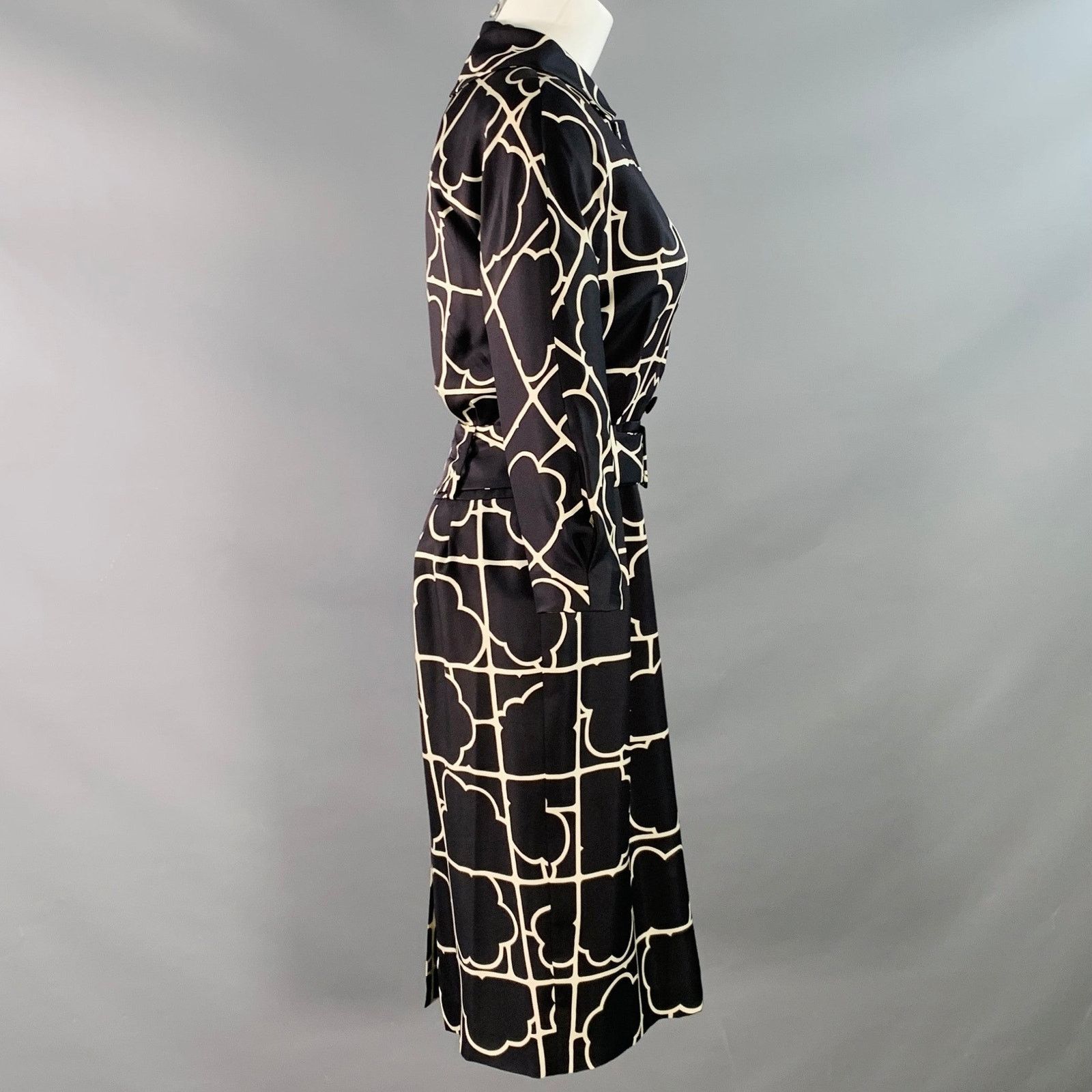 Barneys New York Size 4 Navy White Silk Twill Geometric Belted Shirt Dress Size S / US 4 / IT 40 - 3 Thumbnail