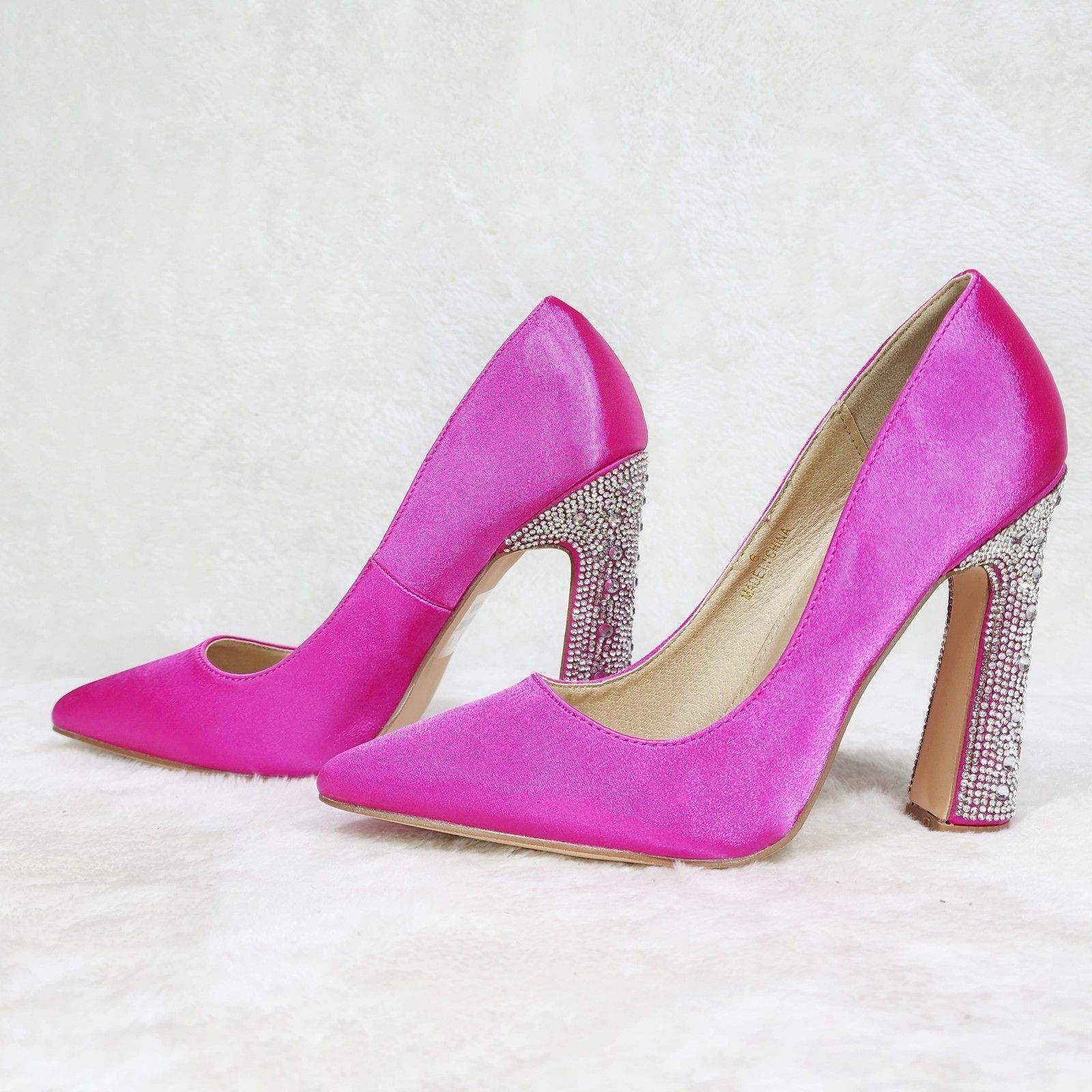 Other Fuchsia Pink Satin Pumps Rhinestone High Heel Party Shoes Size US 7 / IT 37 - 3 Thumbnail