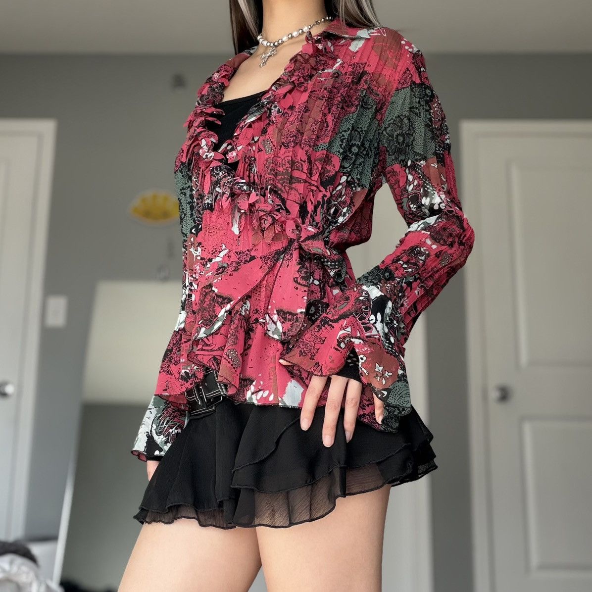 Other Studio 1940 Kimono Tied Wrap Blouse Raspberry Floral Graphic Size M / US 6-8 / IT 42-44 - 5 Thumbnail