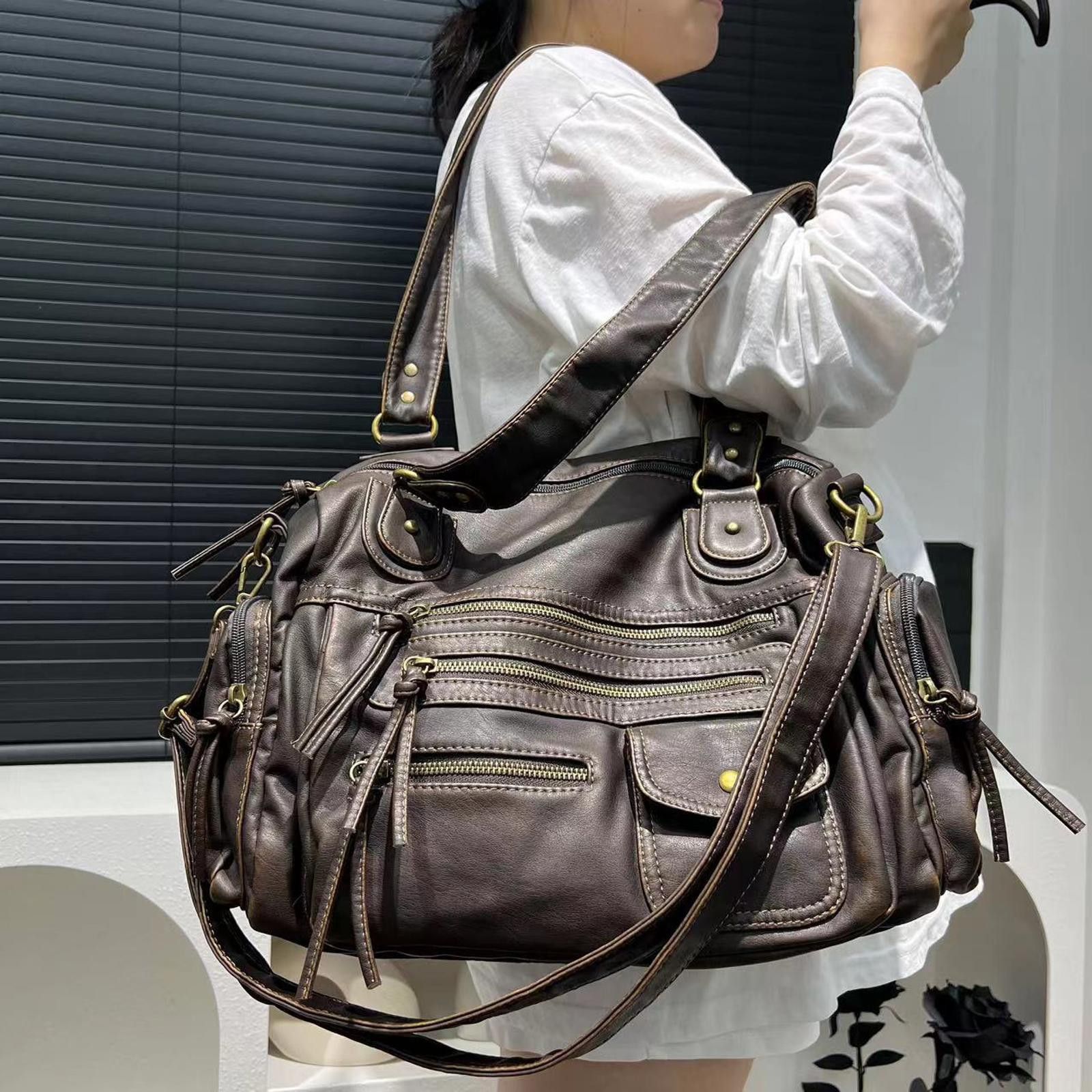 Vintage Brown Multi-Zip Leather Shoulder Handbag, Large Tote Size ONE SIZE - 3 Thumbnail