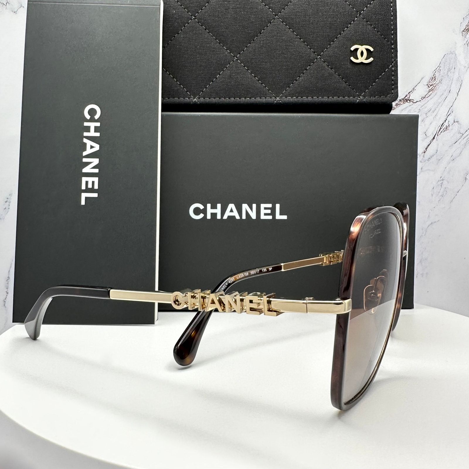 New CHANEL Sunglasses Gold Brown Black Polarized Butterfly