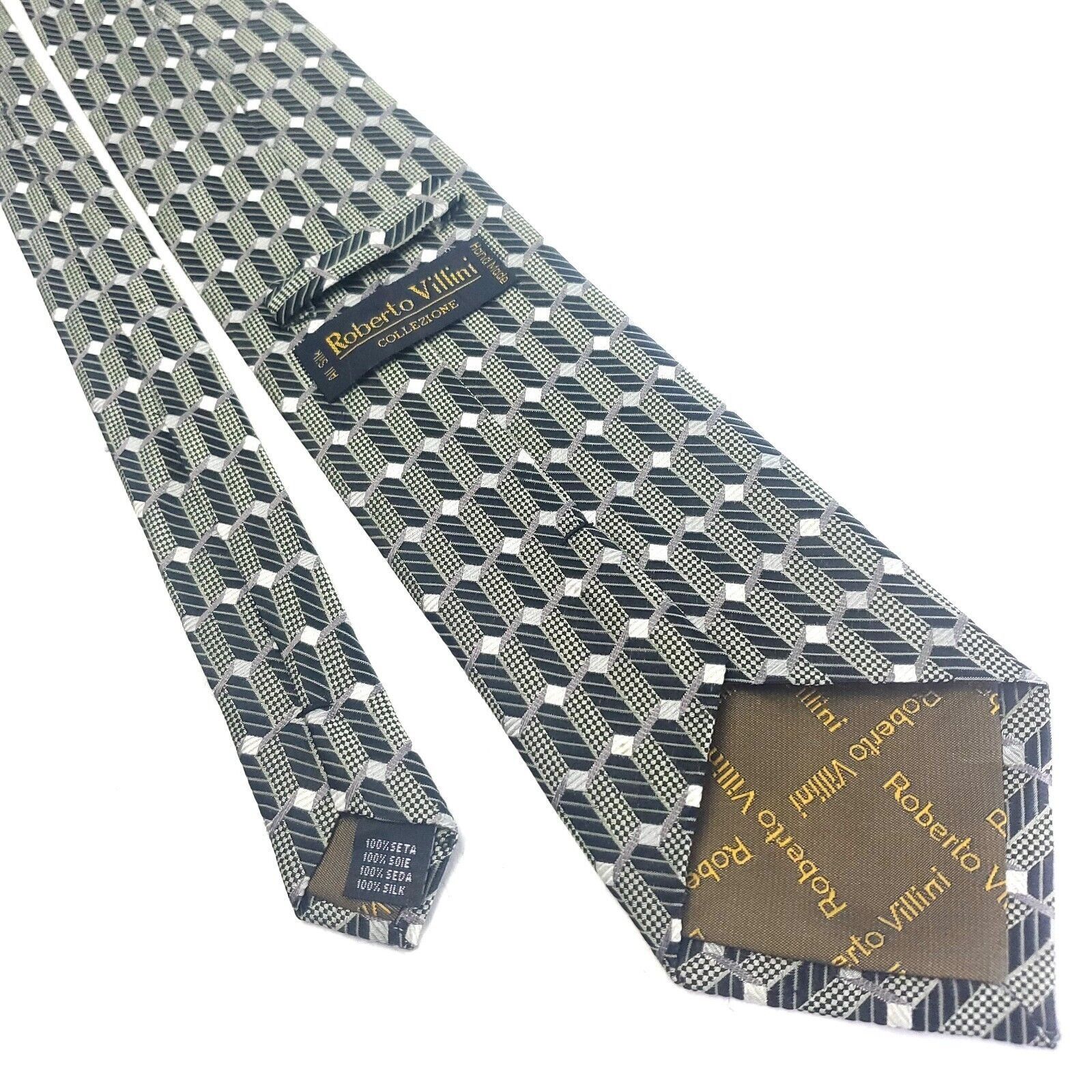 Designer Roberto Villini Gray Silk Tie Woven Geometric Micro Check Size ONE SIZE - 3 Thumbnail