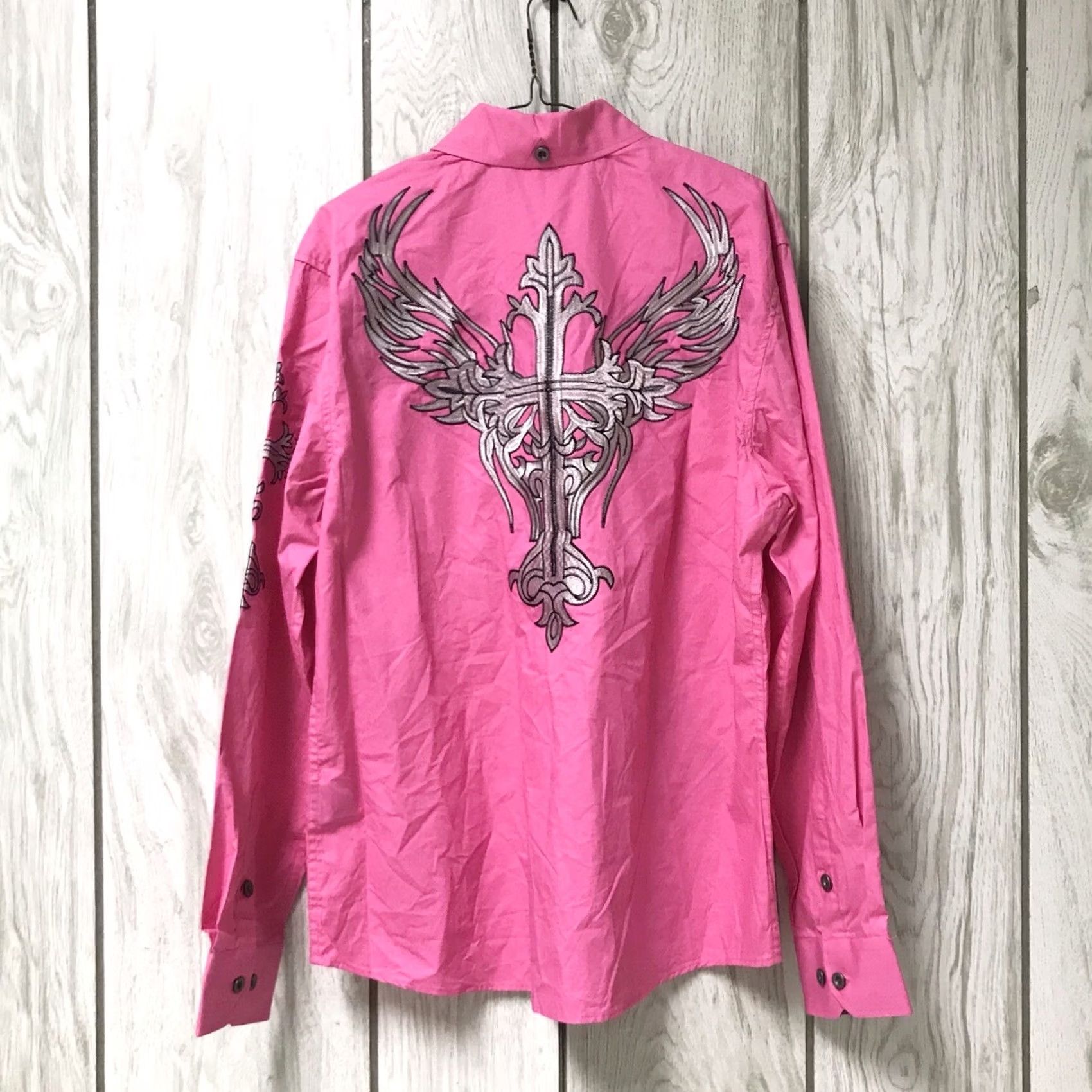 Pinko ALFs Men Pink Western Embroidered Cross Wings Button-Up Long Sleeve Shirt L Size US L / EU 52-54 / 3 - 2 Thumbnail