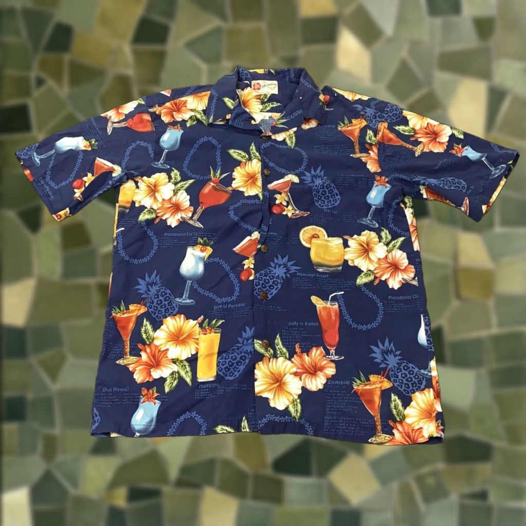Hilo Hattie VINTAGE Hilo Hattie Hawaiian Shirt Mens Large Blue Floral Cocktail Recipe Print Aloha Hawaii Shirt Men L Short Sleeve Button-Up Cotton Size US L / EU 52-54 / 3 - 1 Thumbnail