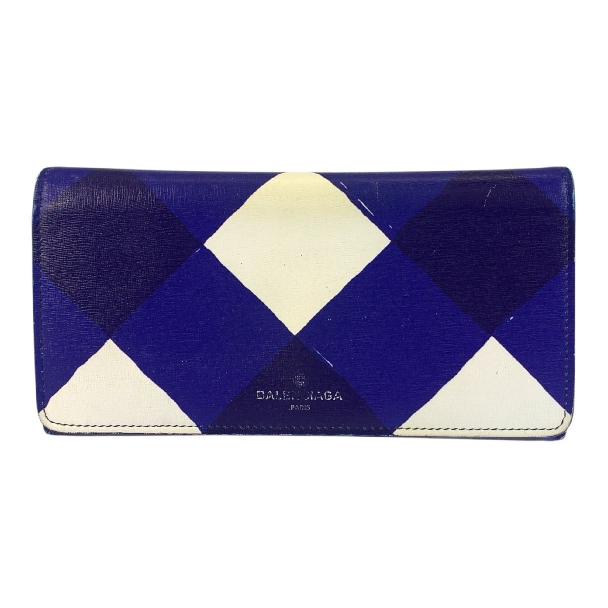 BALENCIAGA Blue and White Leather Long Wallet with Silver Hardware for Women