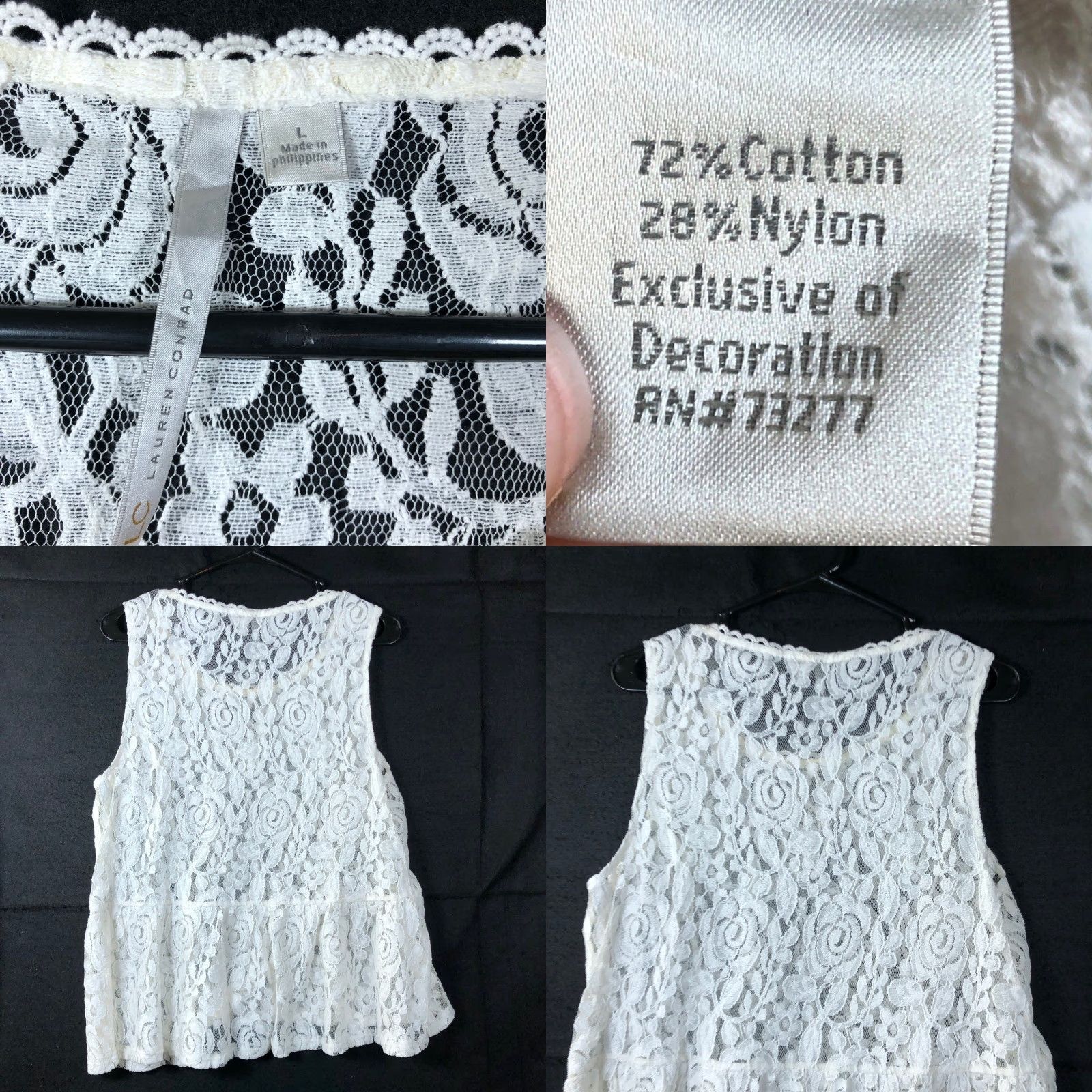 Vintage Lauren Conrad Womens Tank Cream Crochet Pull Over Sleeveless Peplum Large Size L / US 10 / IT 46 - 8 Thumbnail