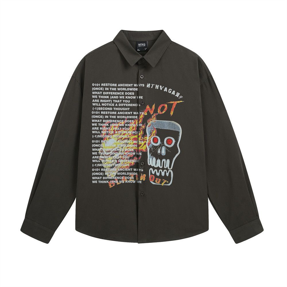 Vintage Men's loose casual flame skull print long sleeve shirt Size US M / EU 48-50 / 2 - 1 Thumbnail