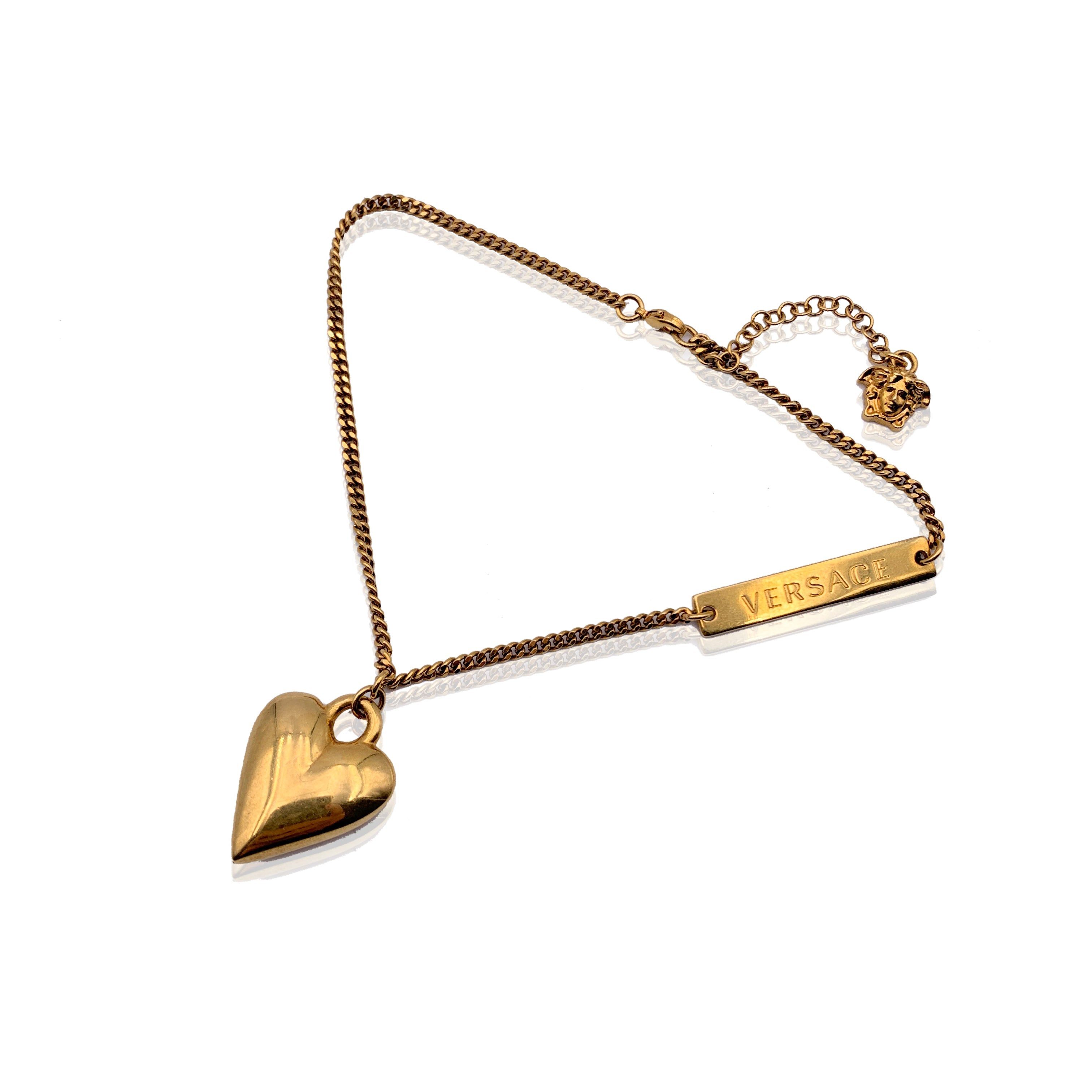image of Versace Gold Metal Dangle Heart Chain Anklet Bracelet, Women's