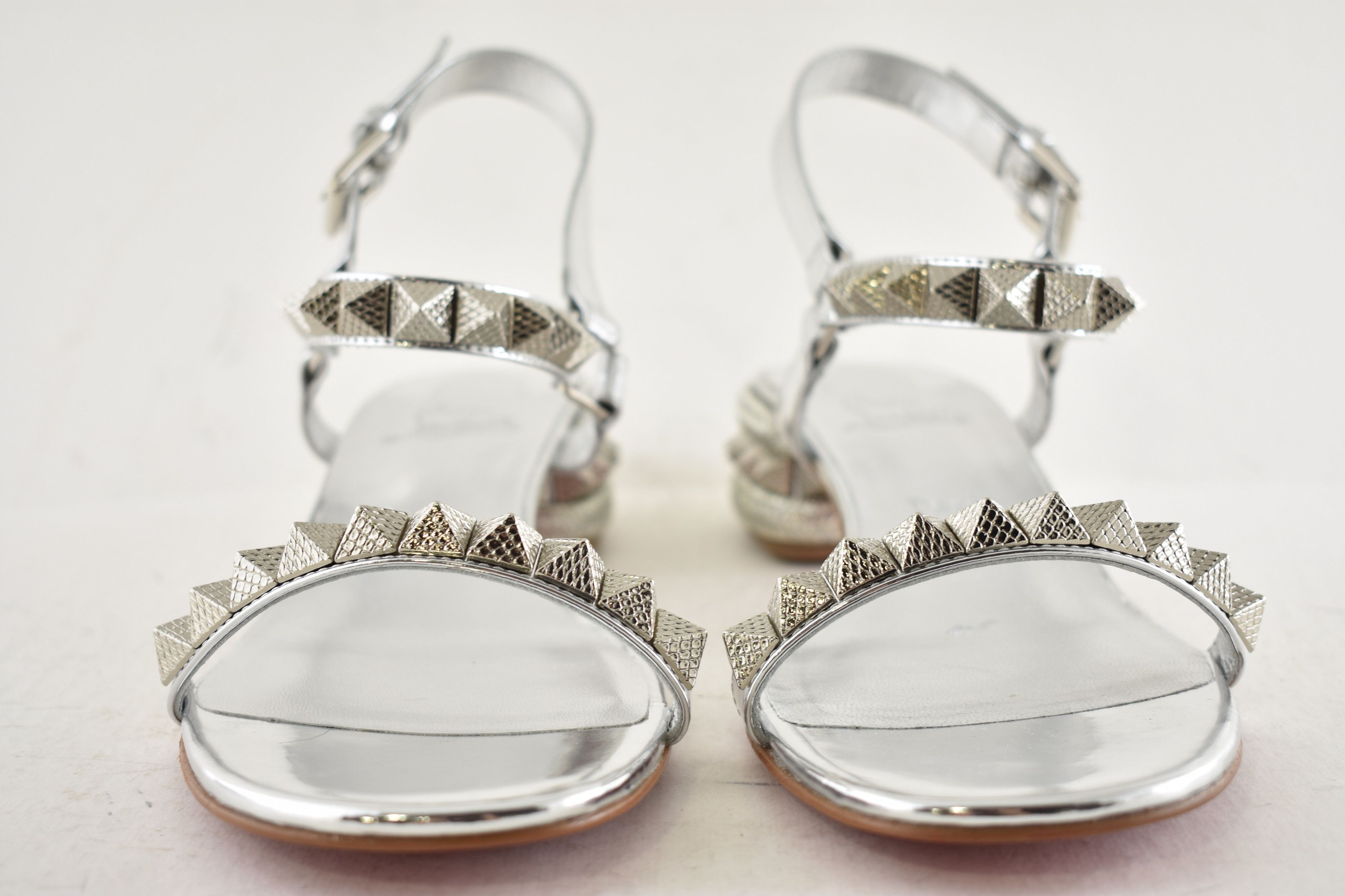 Christian Louboutin Pyrasand 30 Silver Leather Block Heel Ankle Strap Sandal 38 Size US 8 / IT 38 - 11 Thumbnail